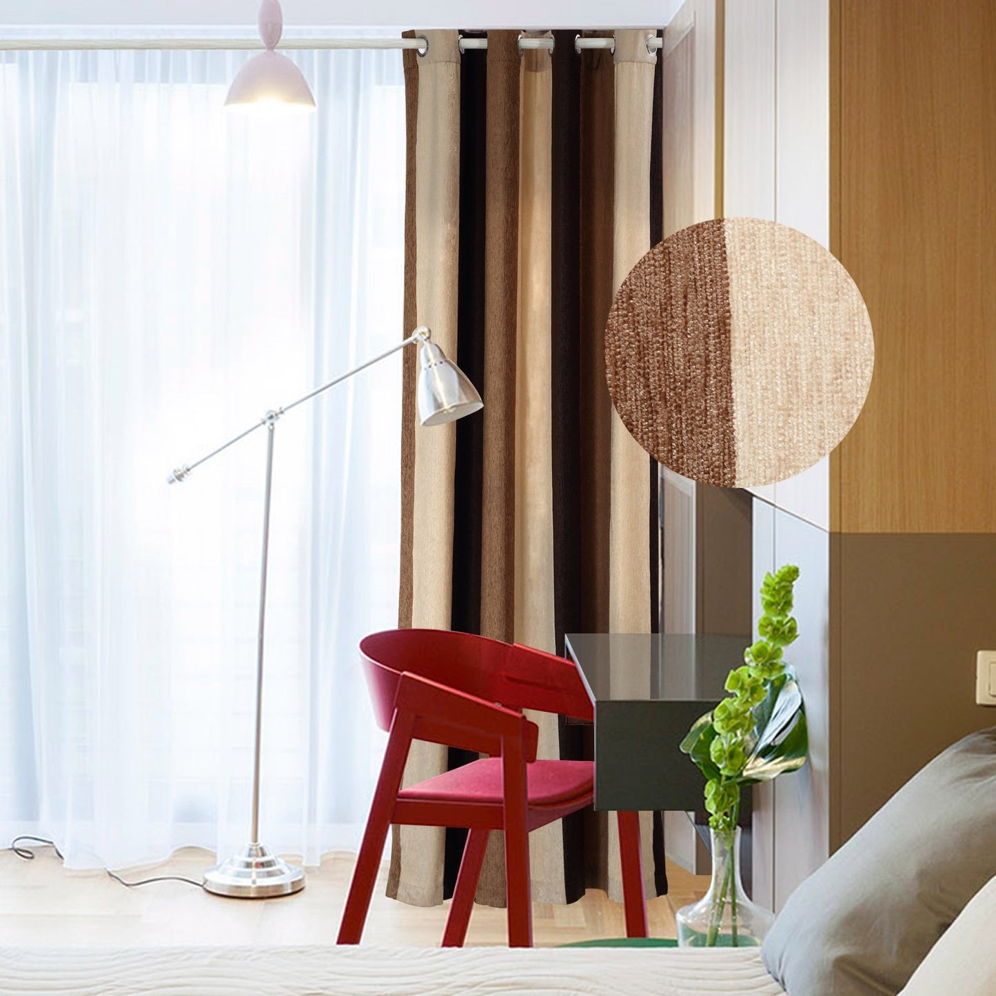 VIAGL Bedroom Absolute Heat Insulation Chenille Vertical Striped Color Window Curtains Living Room Buttonhole Single Panel (W52xL63, Brown)