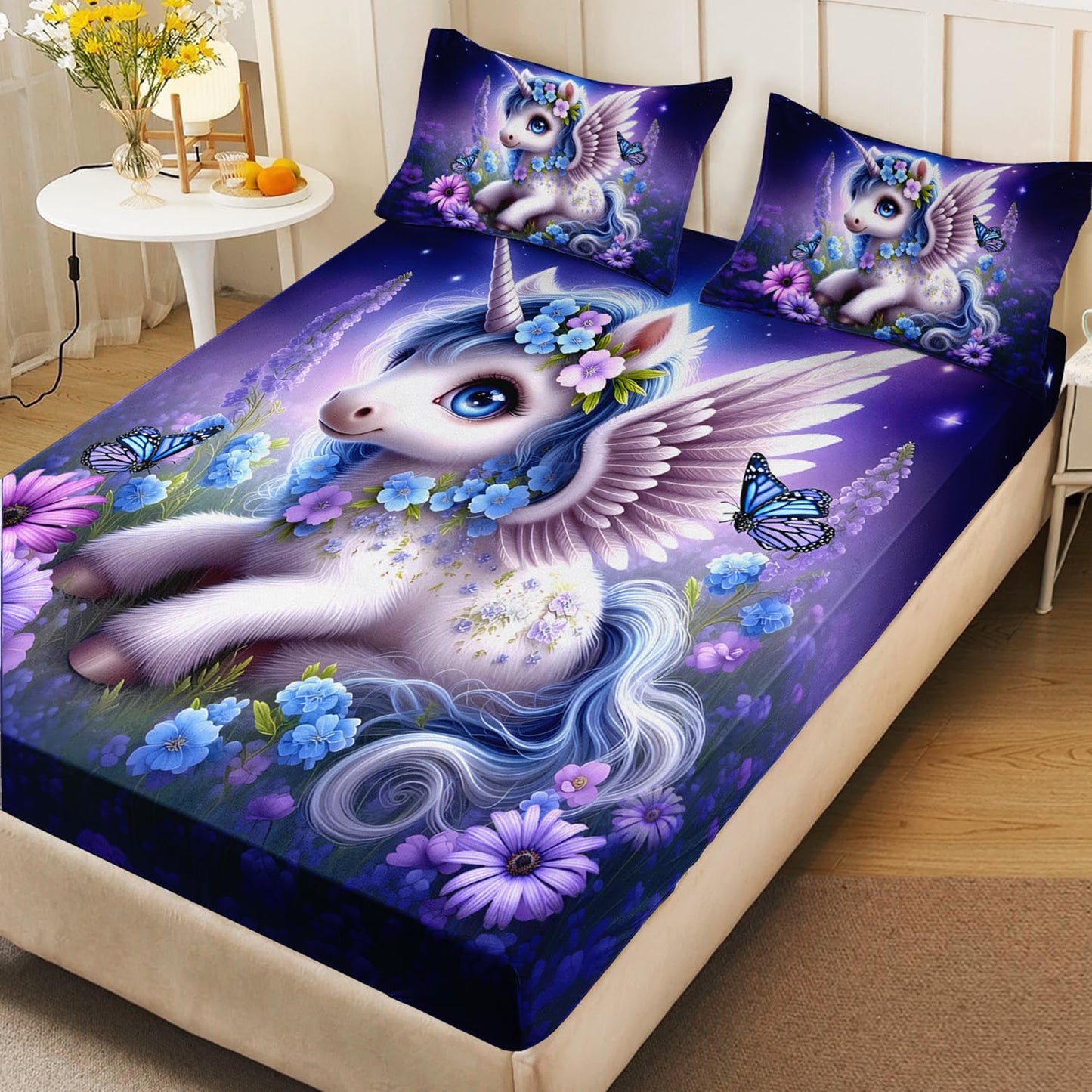 HOSIMA Unicorn Twin Fitted Sheet,Kawaii Unicorn Surrounded by Flowers Butterflies Print Animal Bedding,Lavender Pattern Princess Bedding for Kids Girls Room Decor,1 Fitted Sheet+2 Pillowcases.
