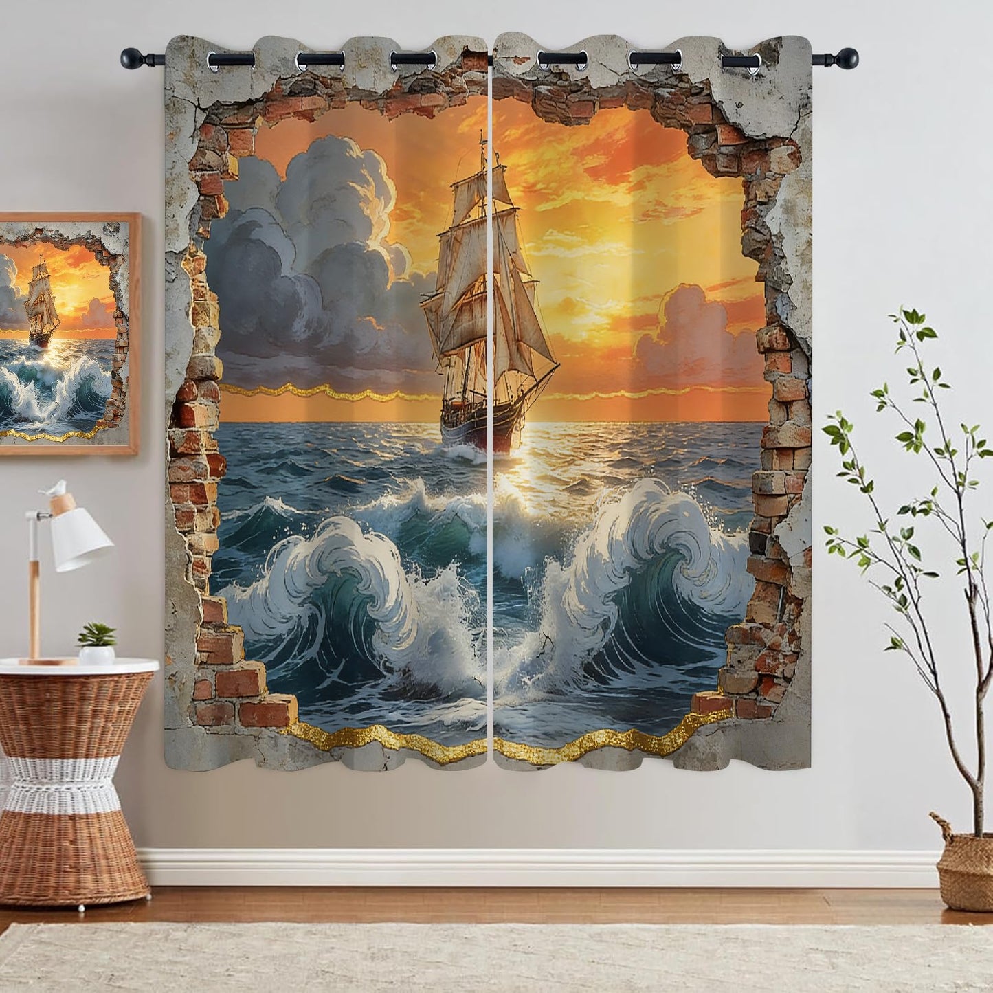 Ocean Sailing Ship Blackout Curtains, Sunset Sky Clouds 3D Print Drapes 2 Panels, Grommet Thermal Insulated Room Window Curtains for Living Room Bedroom Kitchen Cafe(72" W x 72 "L)