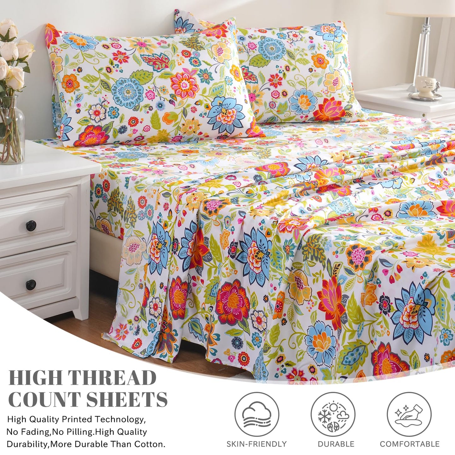 Bedlifes King Sheet Set Ultra Soft, Breathable, Silky Flower Deep Pocket 100% Microfiber Bedding, 4 Piece King Size with Floral Spring Design