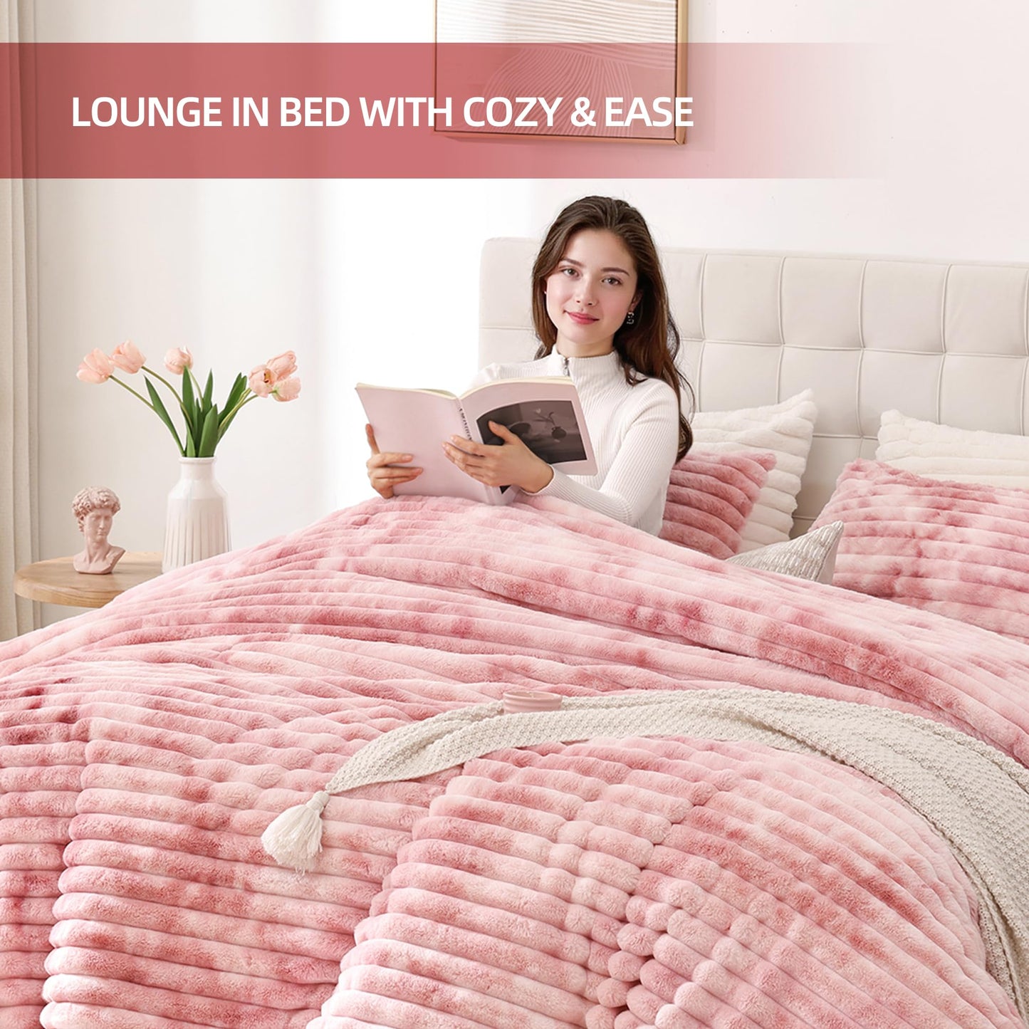 Smoofy Fluffy King Size Comforter Set 3 Pieces - Tie-dye Pink Fleece Fluffy Comforter Set, Luxury Fuzzy King Bedding Set, Soft King Bed Set All Season, Heavy Faux Fur Comforter with 2 Pillow Cases