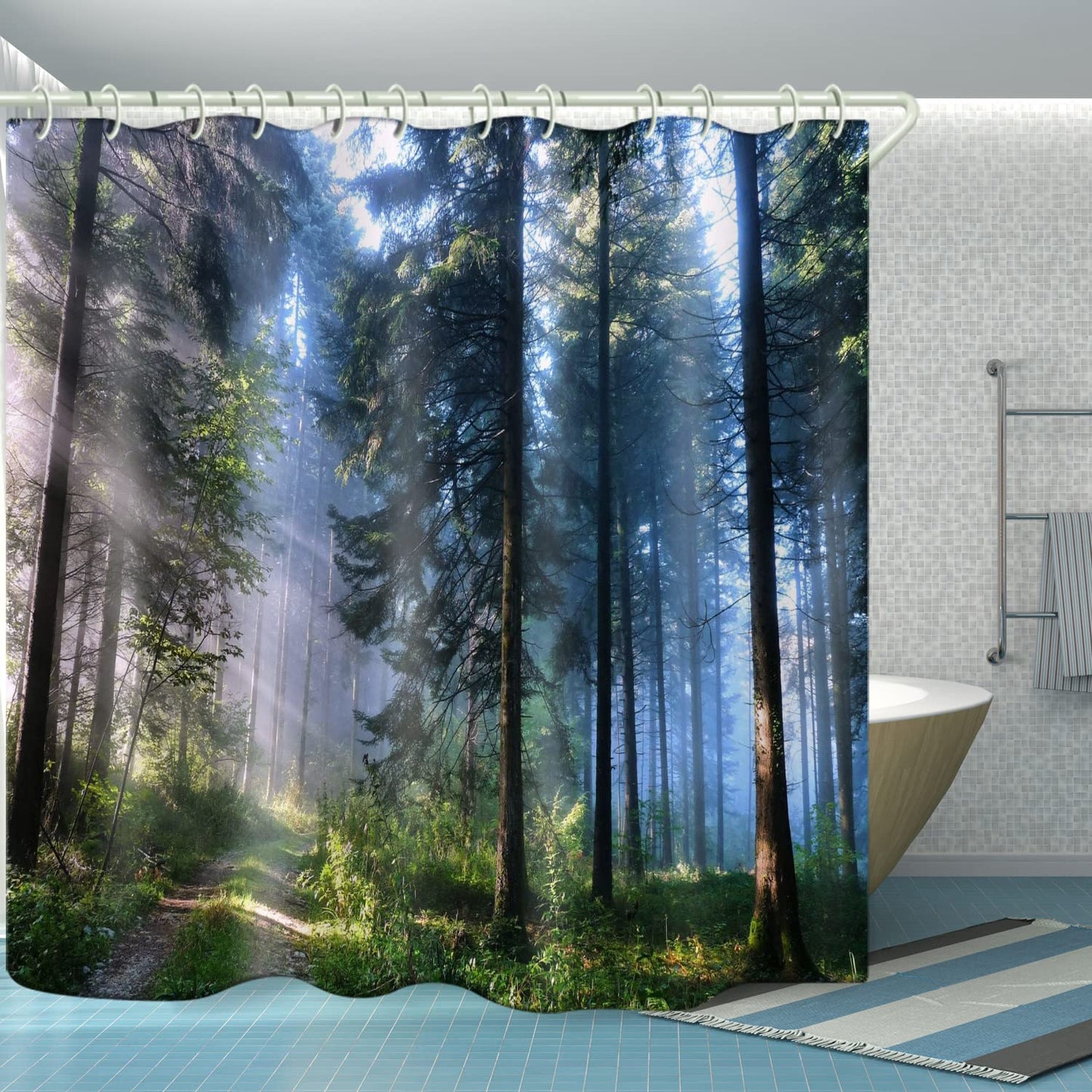 LYFANS Bathroom is Equipped with Mist Sunshine Forest 3D Shower Curtains, Deluxe Bathtub Standard Waterproof Shower Curtains, 12 White Hooks,59x71 Inch Washable Fabric Shower Curtain.