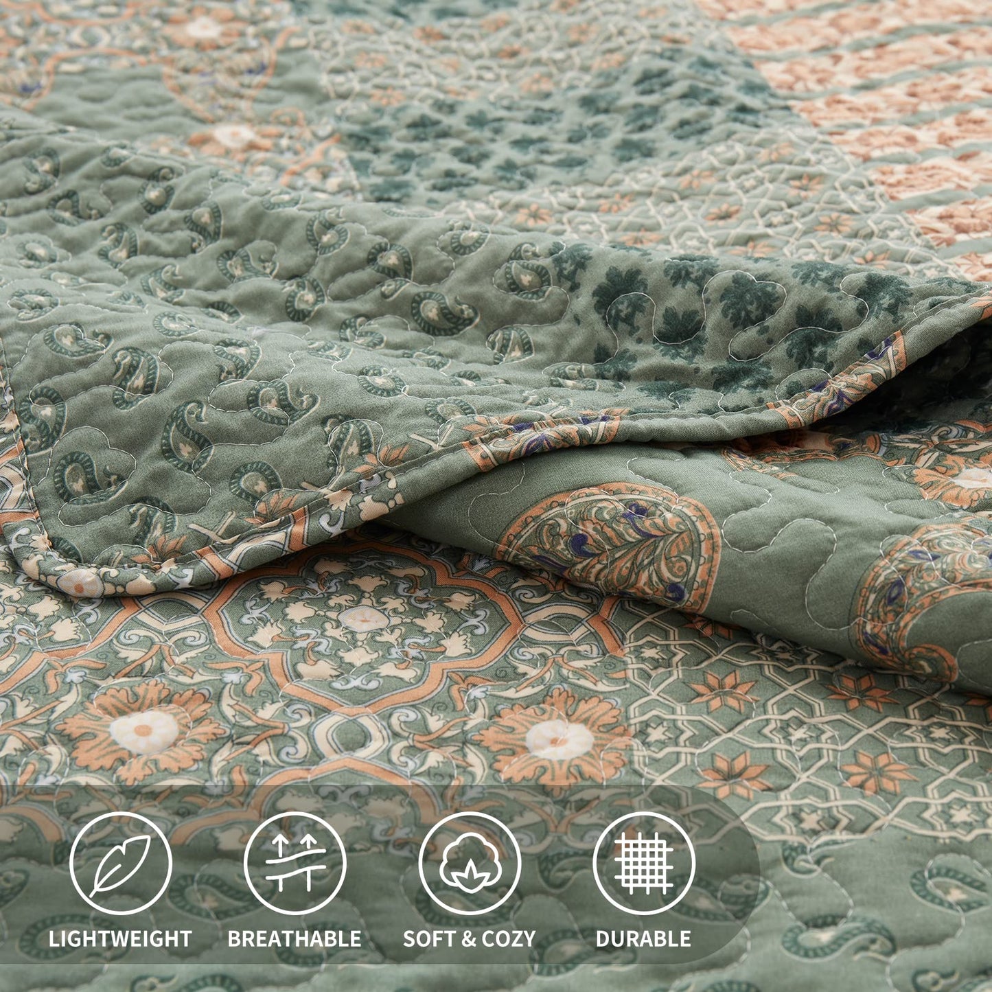 LEAONME Quilt Set King Size 3 Piece Bedspread Lightweight Microfiber Floral Paisley Olive Green, 98x106 Inch
