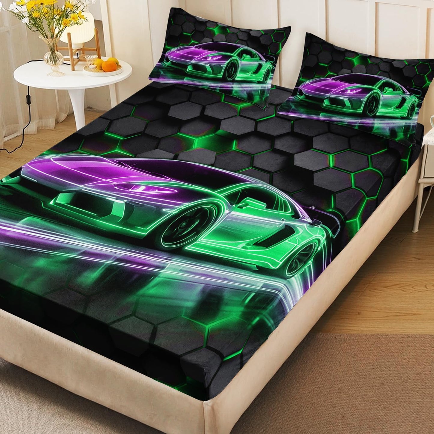 HOSIMA Kids Race Car Twin Fitted Sheet,Hexagon Geometric Honeycomb Pattern Cool Extreme Sports Gaming Bedding for Boys Men Car Room Decor,1 Fitted Sheet+2 Pillowcases.