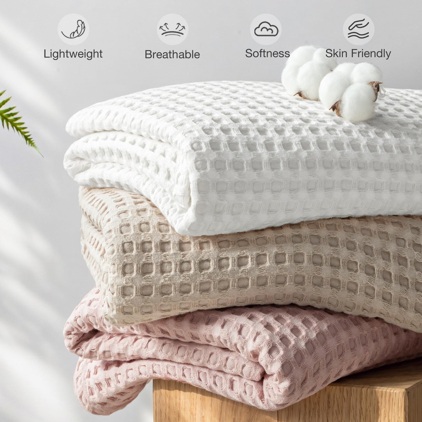 Exclusivo Mezcla Pre-Washed 100% Cotton Waffle Throw Blanket for Couch, 330GSM Lightweight Breathable Summer Blankets, Soft and Cozy, Room Decor, Khaki, 50x60 Inches