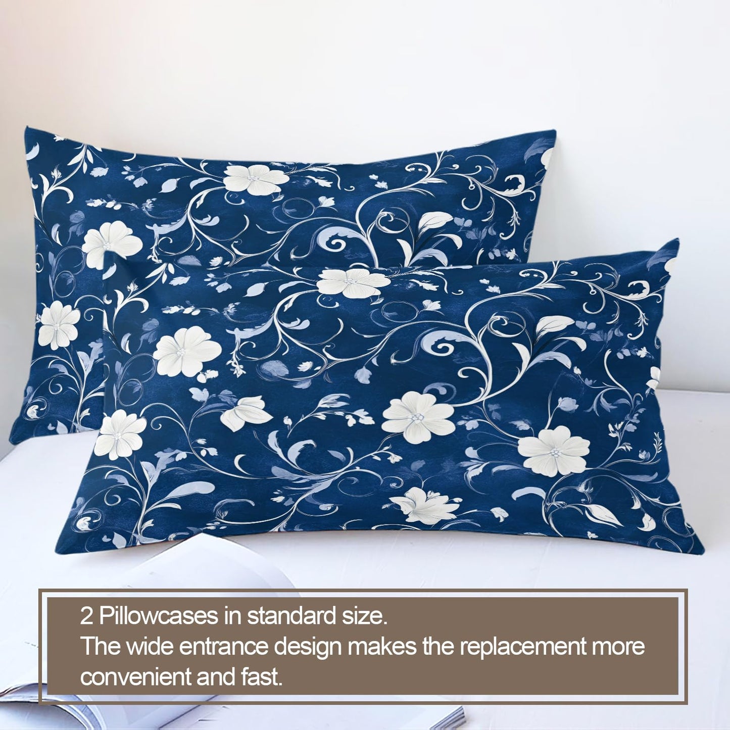 ZAMODE Floral Duvet Cover Oversized King Size, Navy Blue Comforter Cover 120" x 98", Boho Flower Bedding Set with 2 Pillowcases