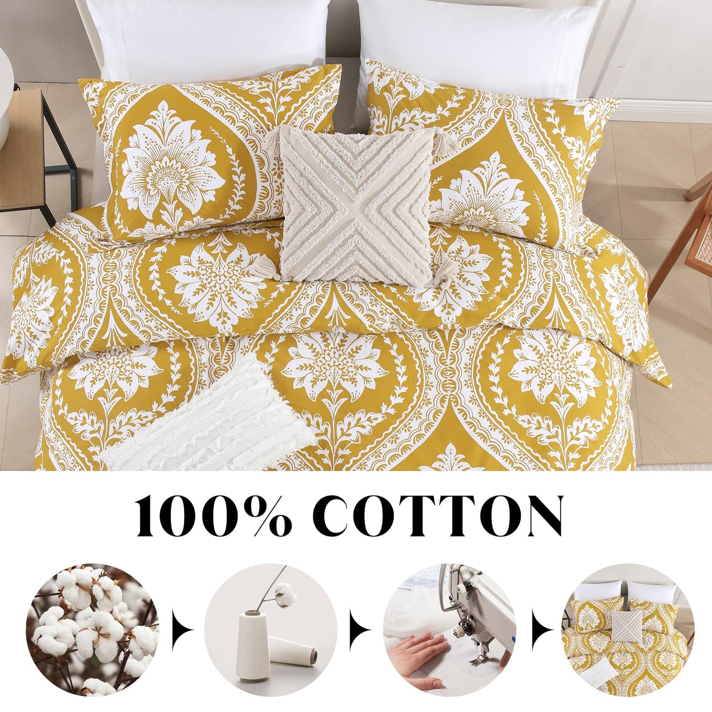 CozyDH Cotton Duvet Cover King Size - 100% Cotton 400 Thread Count Washed Duvet Cover Set with Yellow Floral Damask Paisley Pattern, 3 Piece Soft Bedding Set (King, 104" x 90", No Comforter)