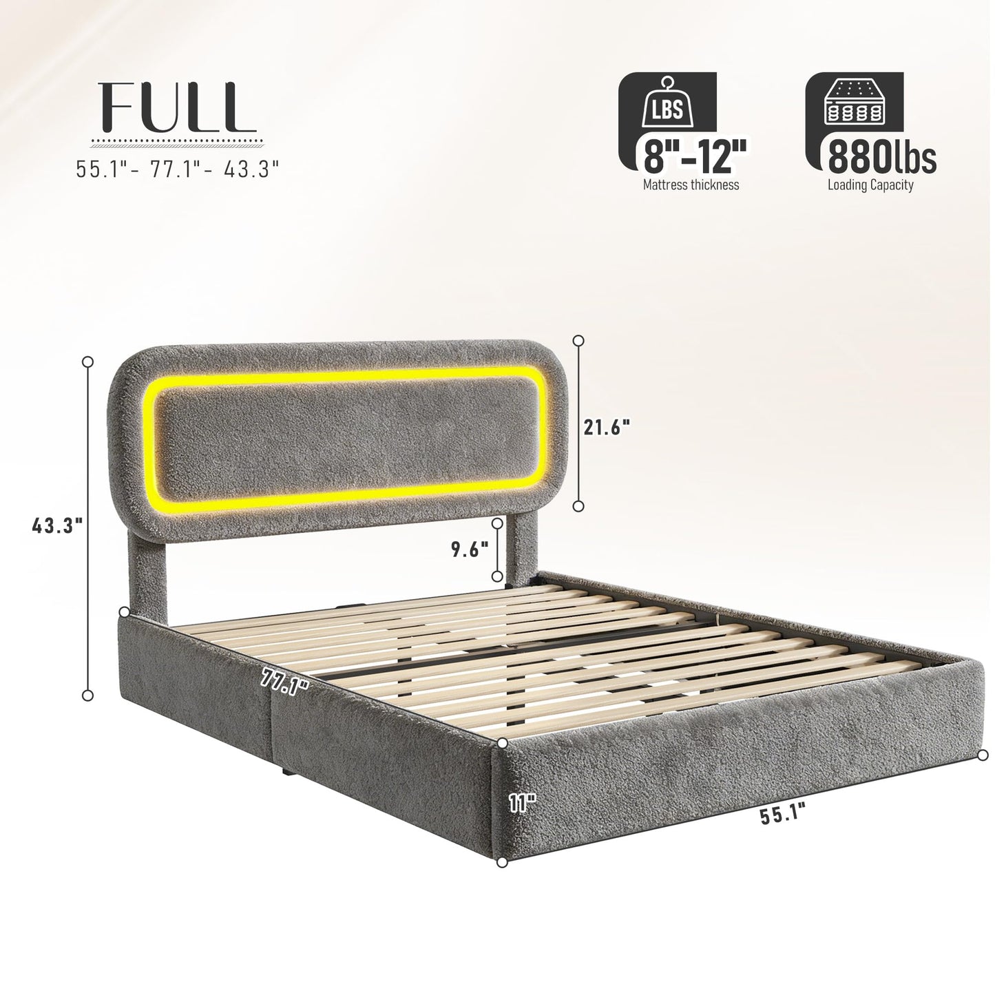Homkdom Upholstered Full Bed Frame with Led Lights,Boucle Upholstered Full Size Bed Frame with Headboard,Soft Bed Frame Full,Anti-Collision Round Corners,No Box Spring Needed,Modern,Grey