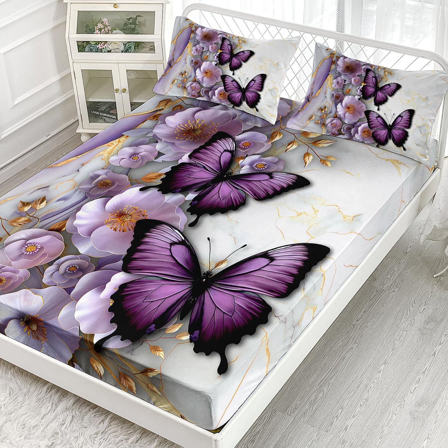 AILONEN Purple Floral Butterfly Fitted Sheet Set Full Size,Gold White Marble Flower Bedding Set for Kids Girls Women,1 Fitted Sheet with 2 Pillowcases-3 Pieces