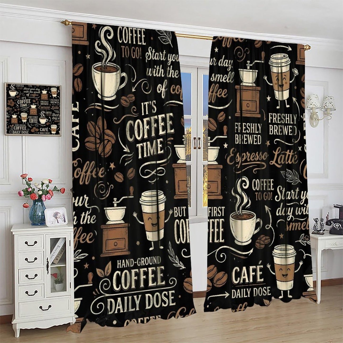 PHTAYOT Coffee Curtains Brown Beans Cups Abstract Letters Afternoon Tea Theme Pattern Blackout Window Drapes for Kitchen Living Room Bedroom,42x54 Inch,2 Panels