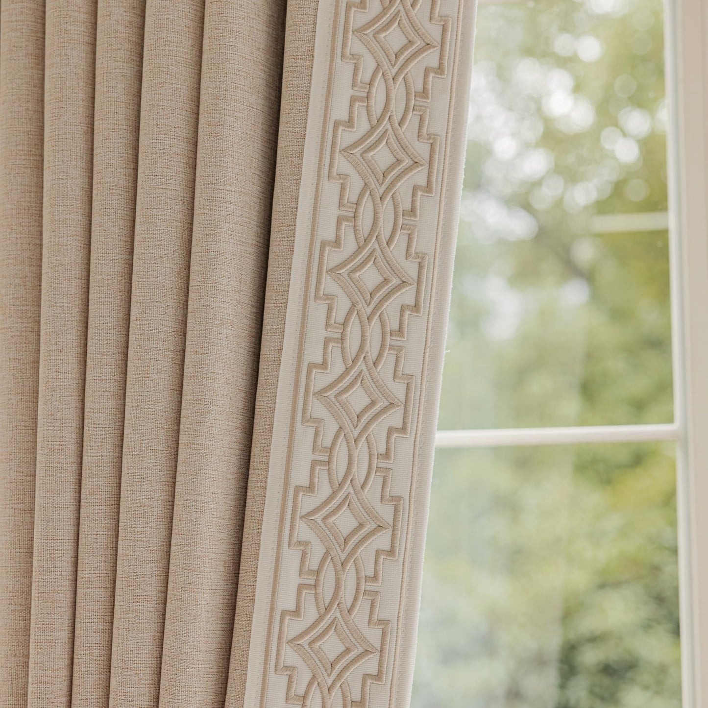 VisionaryHomeDesign Blackout Pinch Pleat Curtains with Embroidery Trim -Soft Beige Linen Blend Curtains for Living Room or Bedroom (50" W x 108" L)
