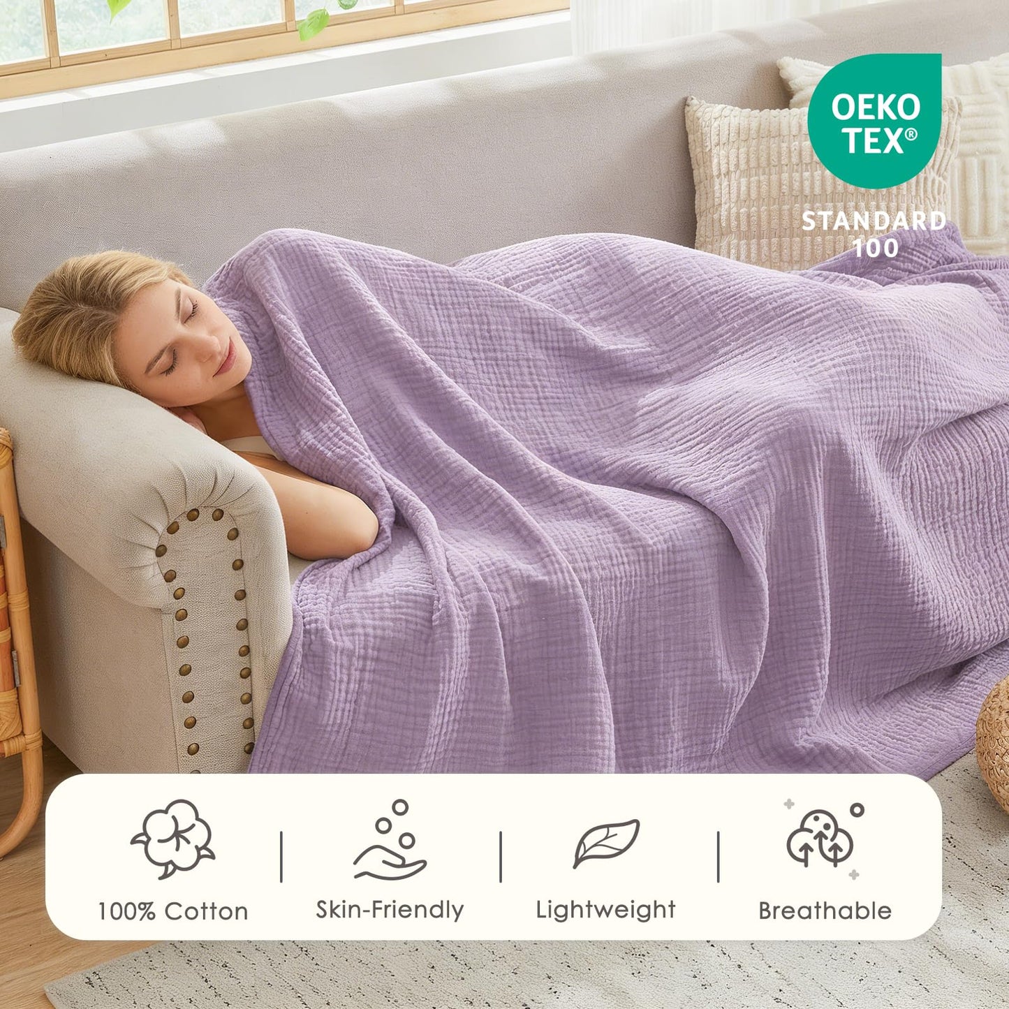 EMME Cotton Muslin Blanket King Size - Soft, Breathable Layering Blanket, 108"x90", All Season Gauze, Lavender