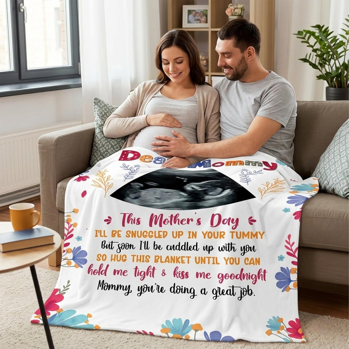 KiKiLuna Personalized Ultrasound Photo Dear Mommy Blanket, First for Expecting Mom, Flannel Throw Gift for Pregnant Women, Pregnancy Announcement Baby Bump Tummy Snuggle Quote