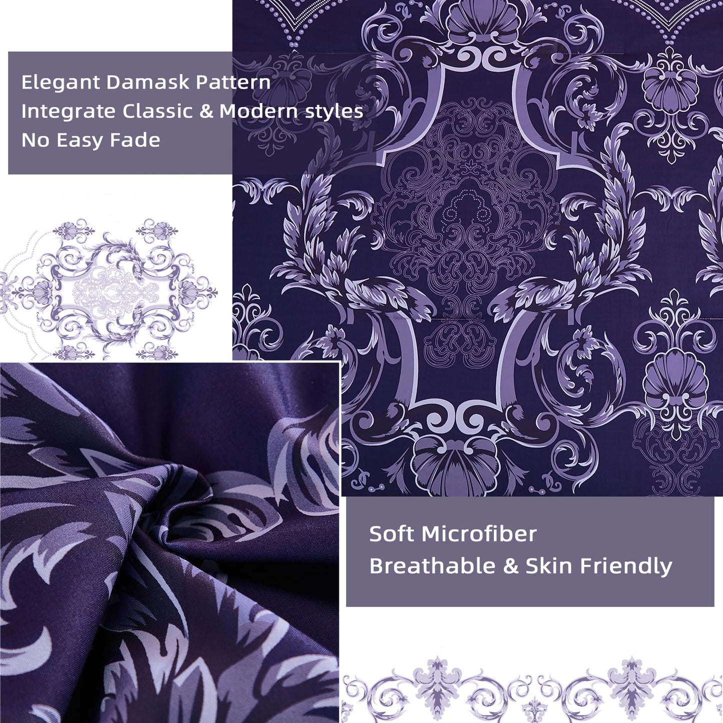 Mybedsoul 7 Pieces Dark Purple Comforter Set King Size, Damask Bed in a Bag for King Bed, Lightweight Microfiber Boho Bedding Sets with Comforter, Sheet, Pillowcases & Shams for All Season(90"x104")