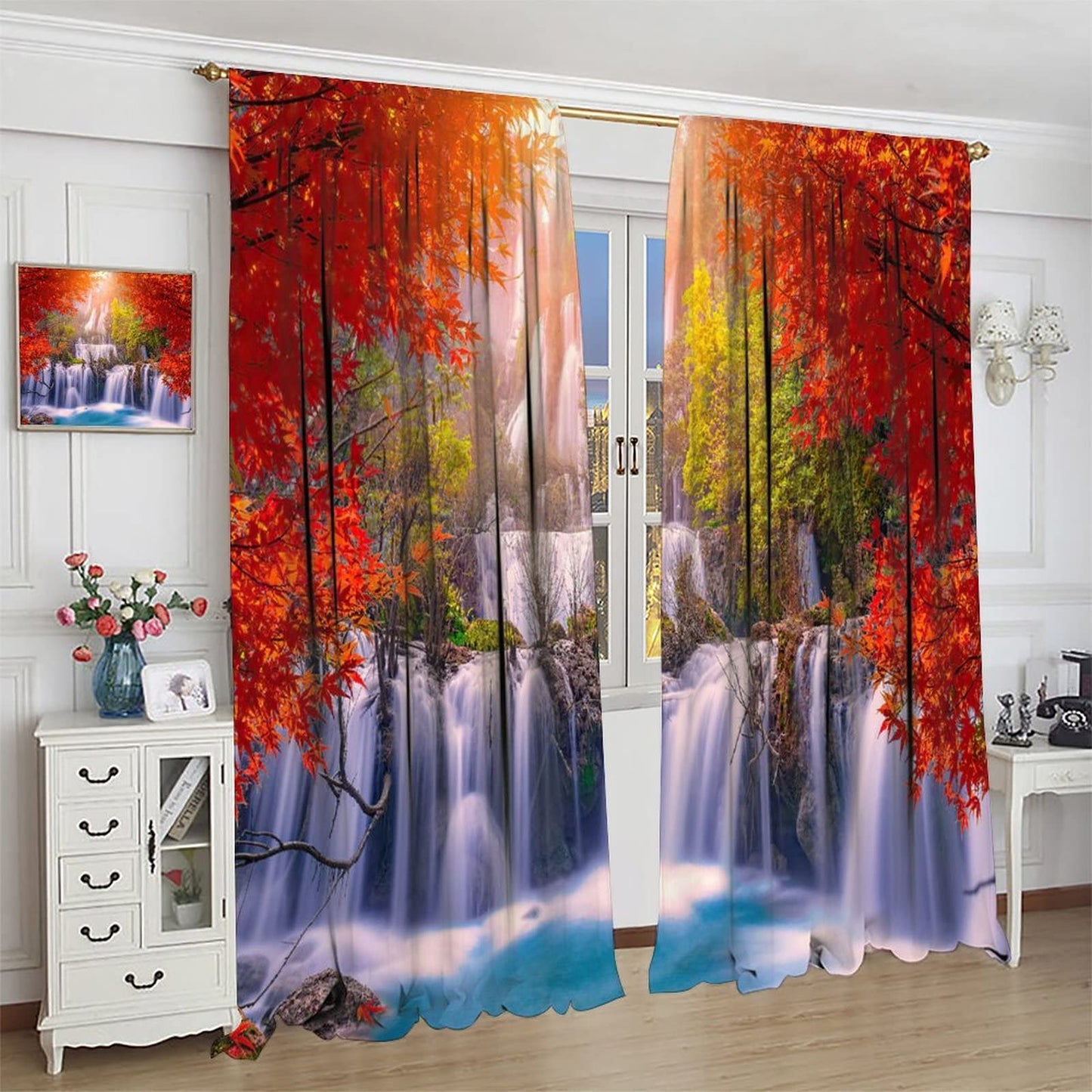 GoDazzling Forest Waterfall Blackout Windows Curtains, Autumn Red Green Maple Leaves Jungle Rainforest Natural Scenery Landscape Curtains, for Living Room Bedroom 42x45in 2 Panels