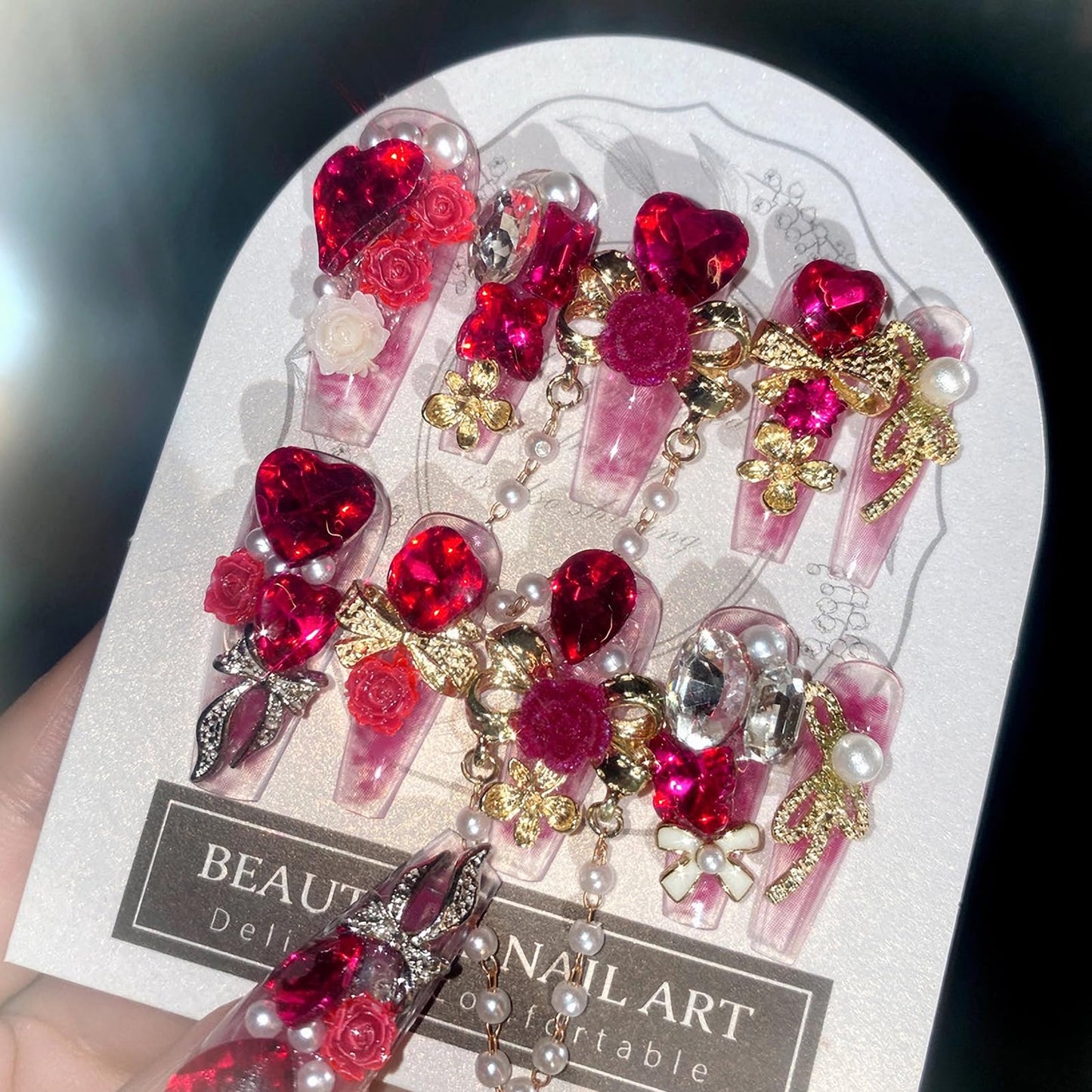 MISUD Press on Nails - Long Coffin Fake Nails with Red Rhinestone, Acrylic Handmade Design 24 pcs