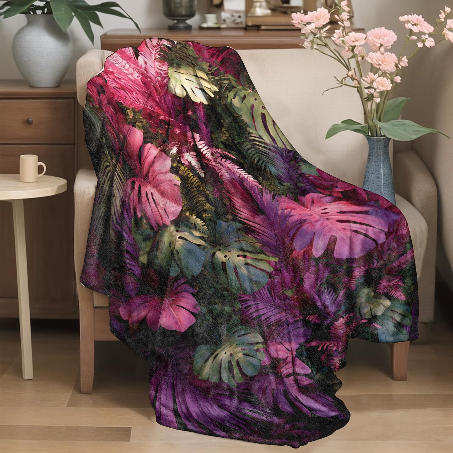 YCUFN Tropical Jungle Leaf Flannel Blanket 50"x60" Pink and Green Botanical Lightweight Throw Blankets Birthday for Nature Lovers Office Bedroom Sofa Travel Monstera Palm Home Decorate