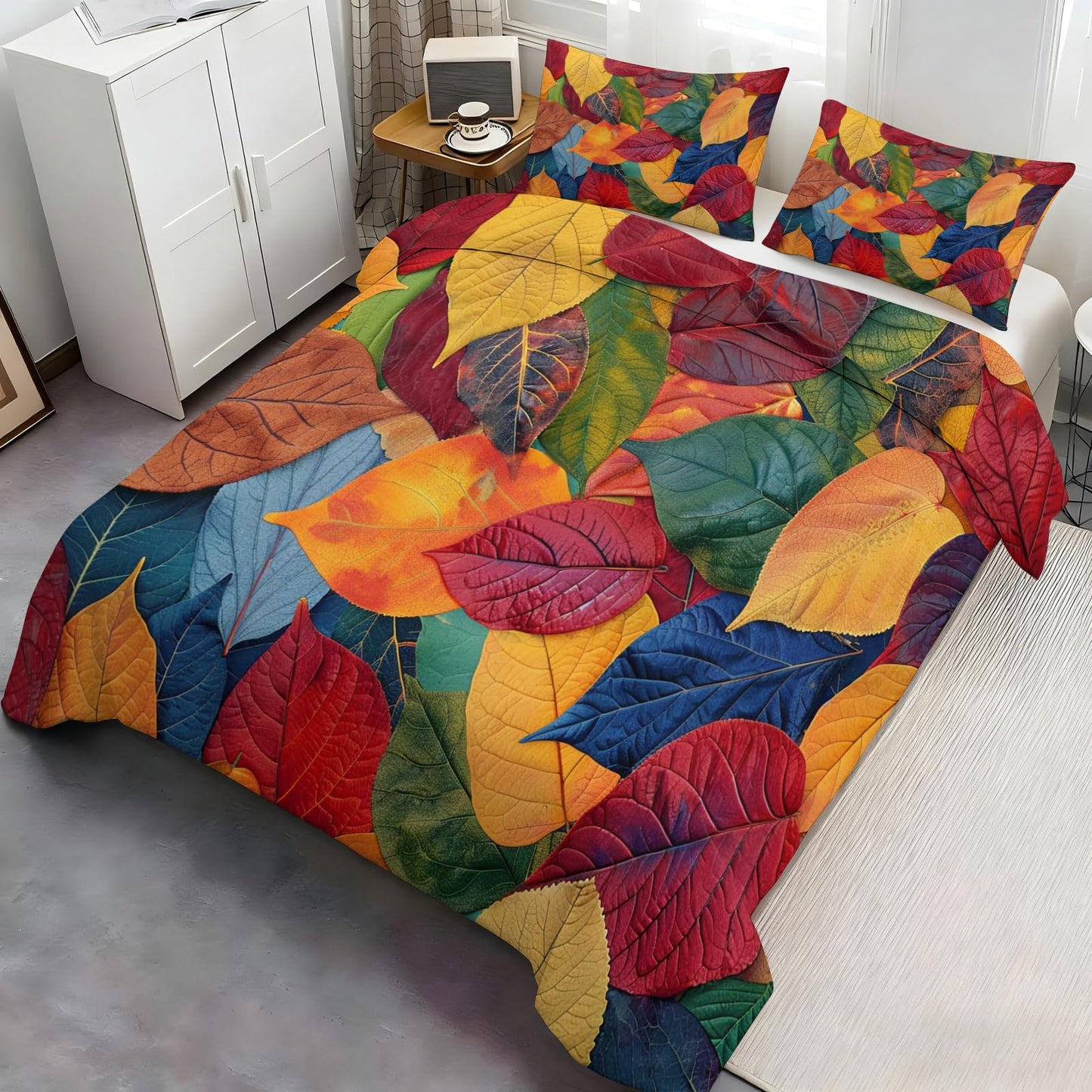 ZAMODE Autumn Leaf Duvet Cover Oversized King Size, Multicolor Fallen Leaves Comforter Cover 120" x 98", Fall Leaves Bedding Set with 2 Pillowcases