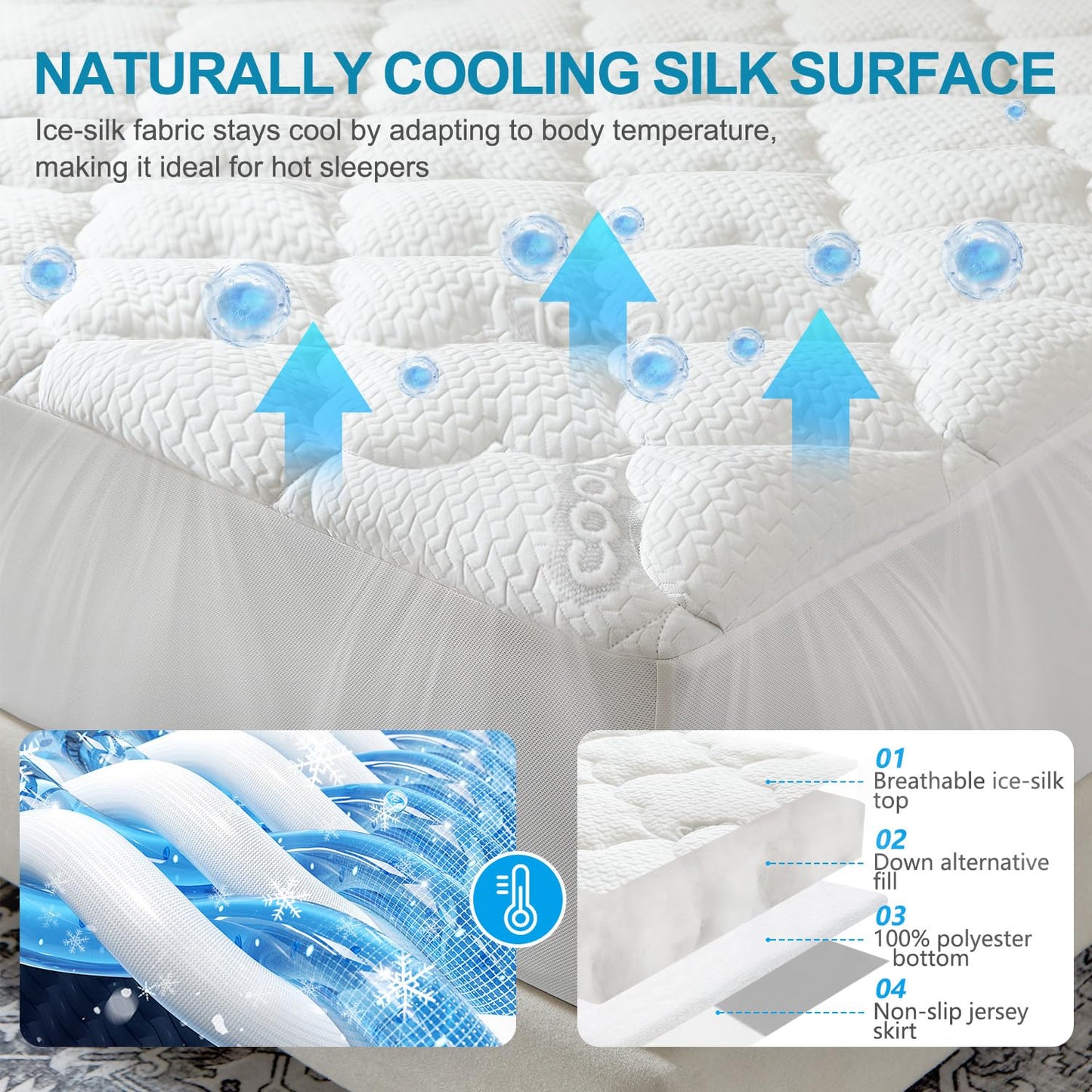 GOLDBOVER Mattress Topper Queen, 2 inch Ultra Soft Quilted Fitted Mattress Pad Cooling Mattress Cover with Thin Down Alternative Filling Noiseless & Breathable (8-21”Deep Pocket)