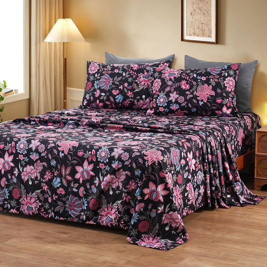 Bedlifes Queen Sheet Set Ultra Soft, Breathable, Silky Flower Deep Pocket 100% Microfiber Bedding, 4 Piece Queen Size with Floral,Black Red Flowers
