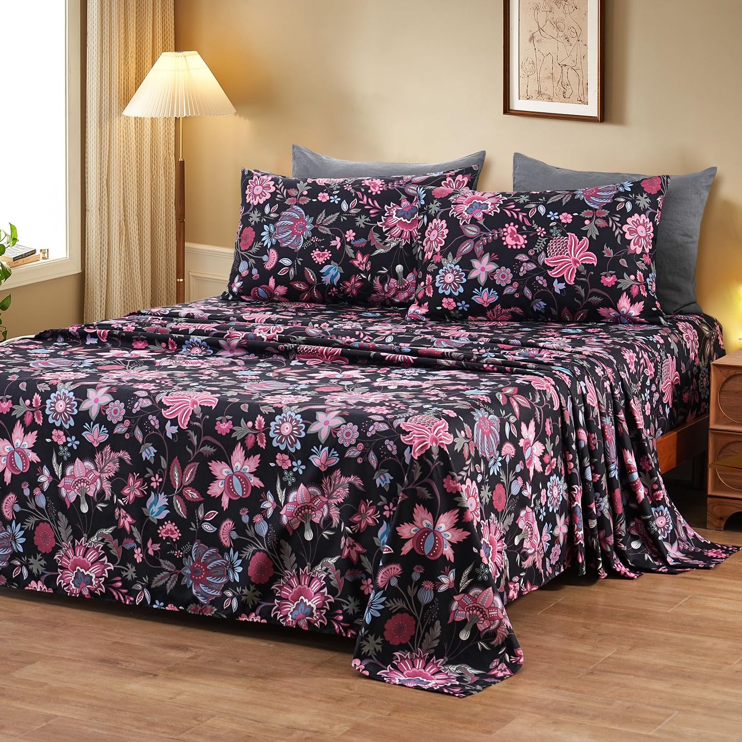 Bedlifes King Sheet Set Ultra Soft, Breathable, Silky Flower Deep Pocket 100% Microfiber Bedding, 4 Piece King Size with Floral,Black Red Flowers