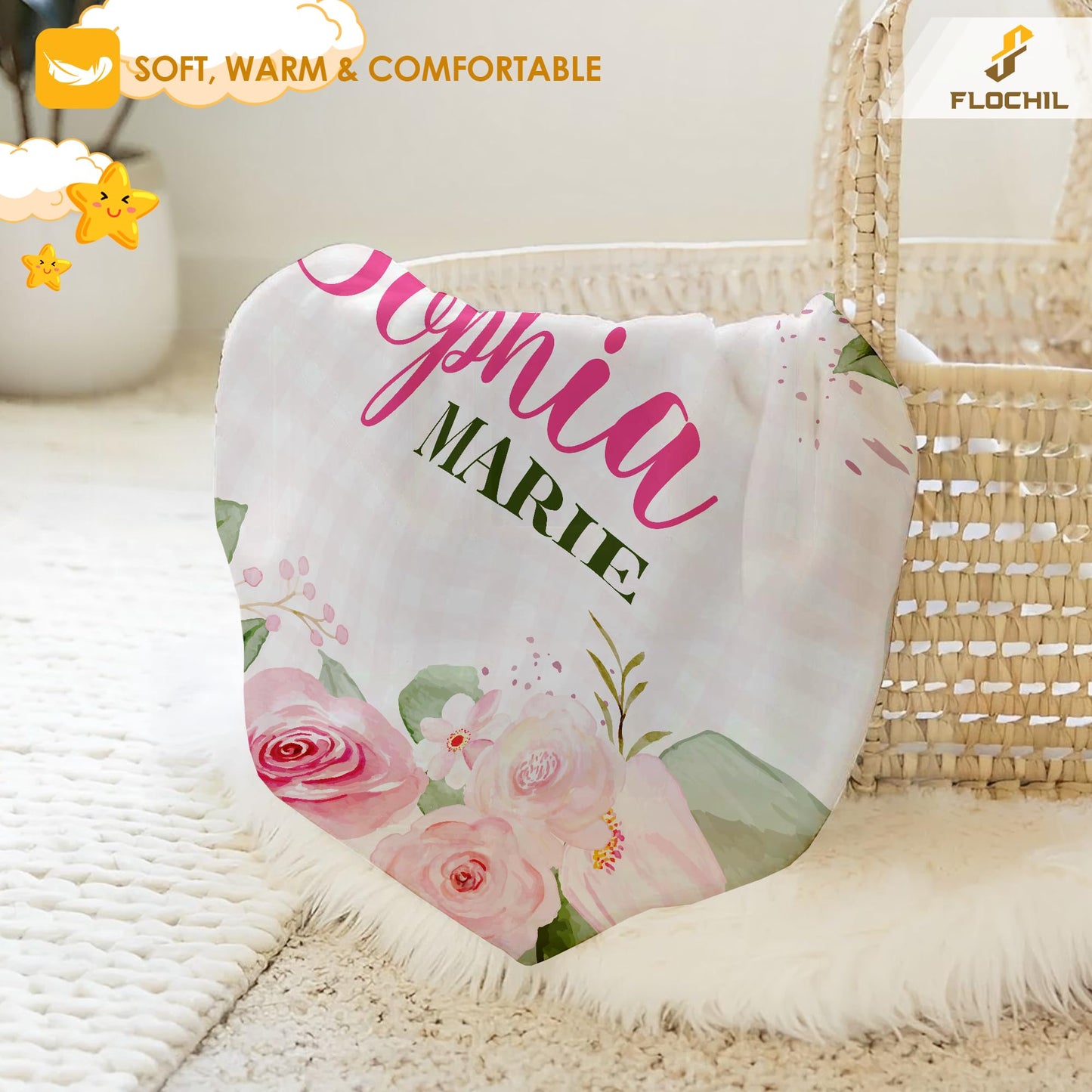 FLOCHIL Personalized Baby Blanket for Girls, Custom Baby Blanket with Name, Customized Floral Baby Blanket, Gift for Baby Shower, Toddler, Babies, Newborn