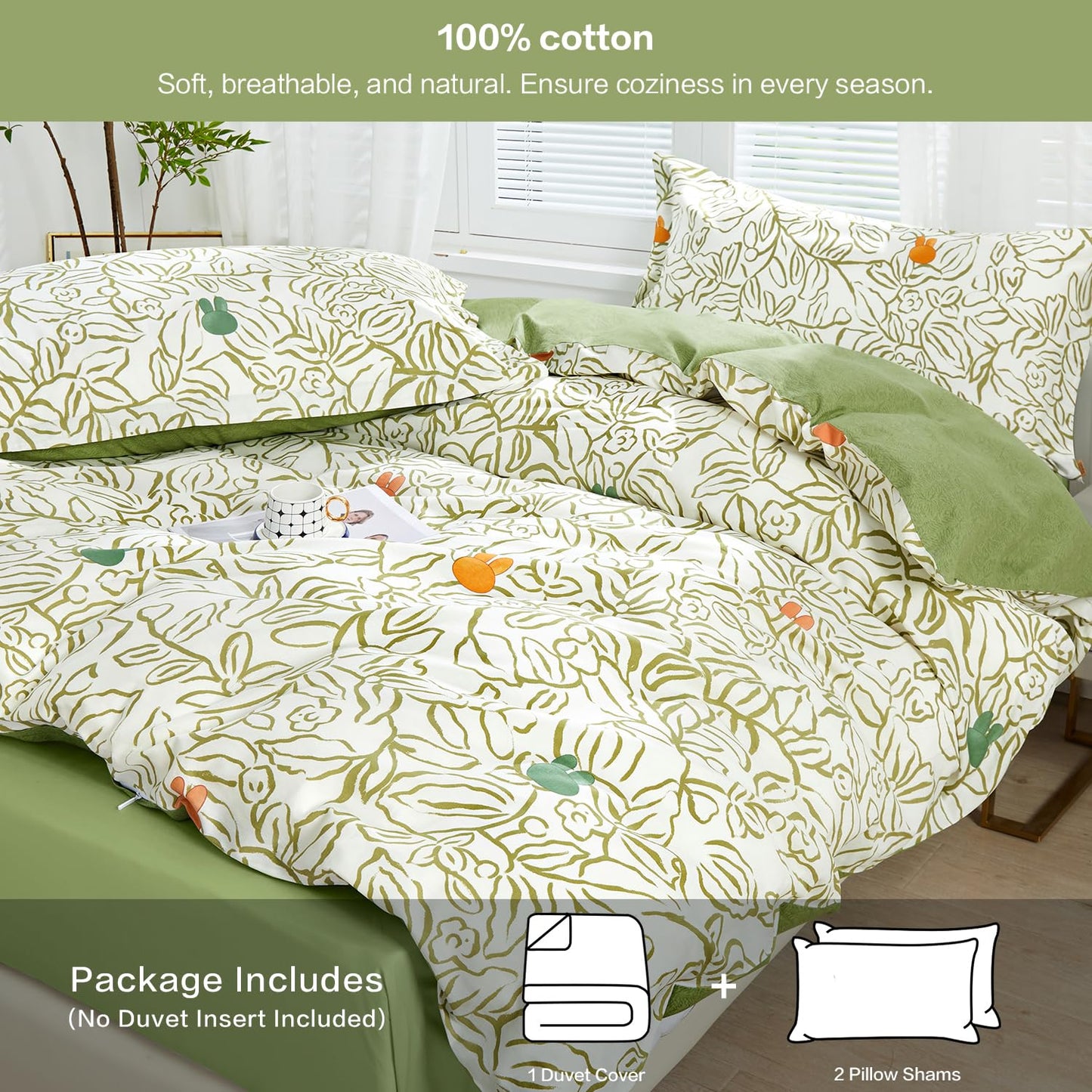 SAPHREAS Green Vine Duvet Cover Full Size Set 3pcs Abstract Botanical Plant Leaves Bedding Comforter Cover Set Garden Style 1 Duvet Cover 2 Pillow Shams, Comforter Not Included