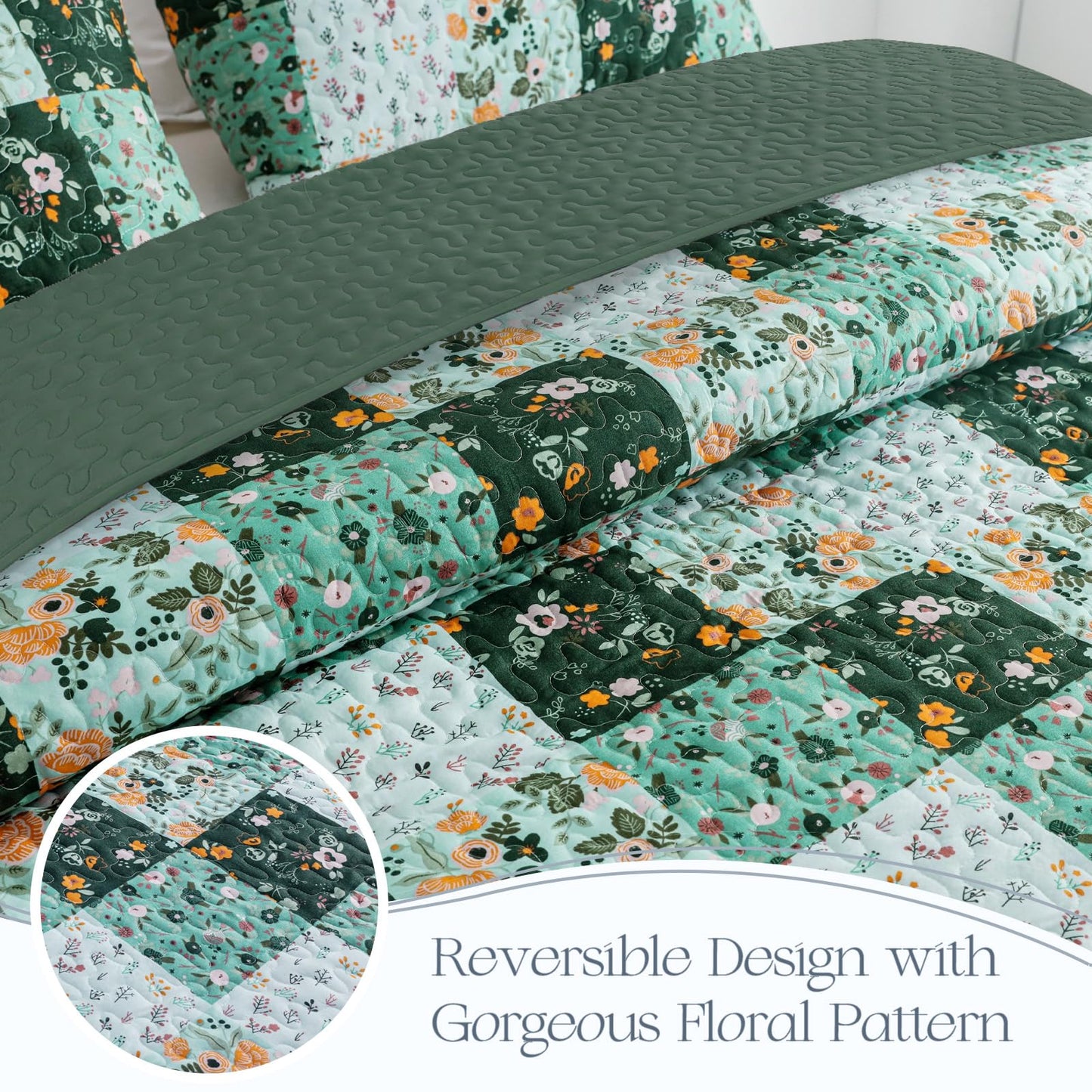 Exclusivo Mezcla Reversible Boho Quilts Queen Size, Green Soft Bedspreads Lightweight Coverlet All Season Patchwork Quilt Bedding Set with Printed Floral Pattern (1 Quilt, 2 Pillow Shams)