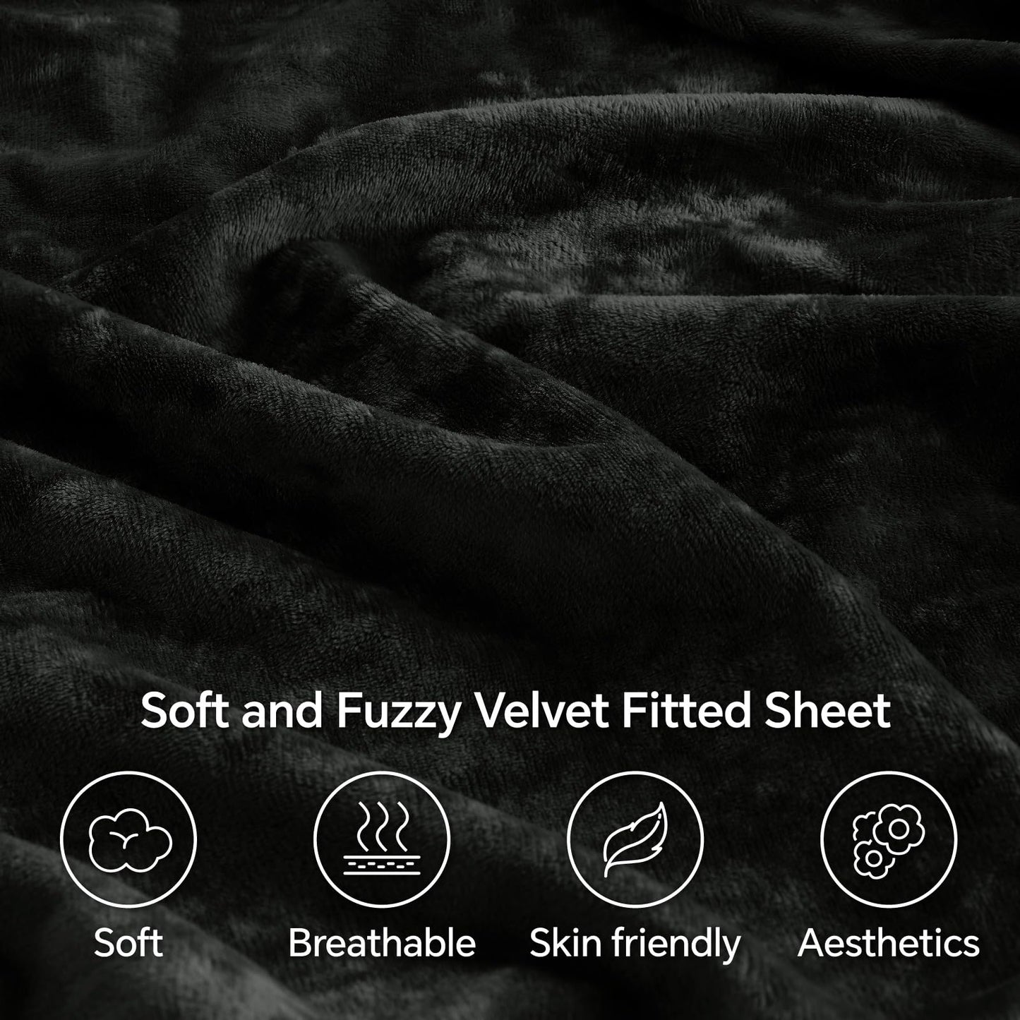BEDELITE Velvet Fitted Sheet and Pillowcases Set, Luxury Soft Fuzzy Bottom Sheet with Reinforced Elastic Corner Straps, Deep Pocket up to 15 Inch, 1 Fitted Sheet and 2 Pillowcases (Queen, Black)