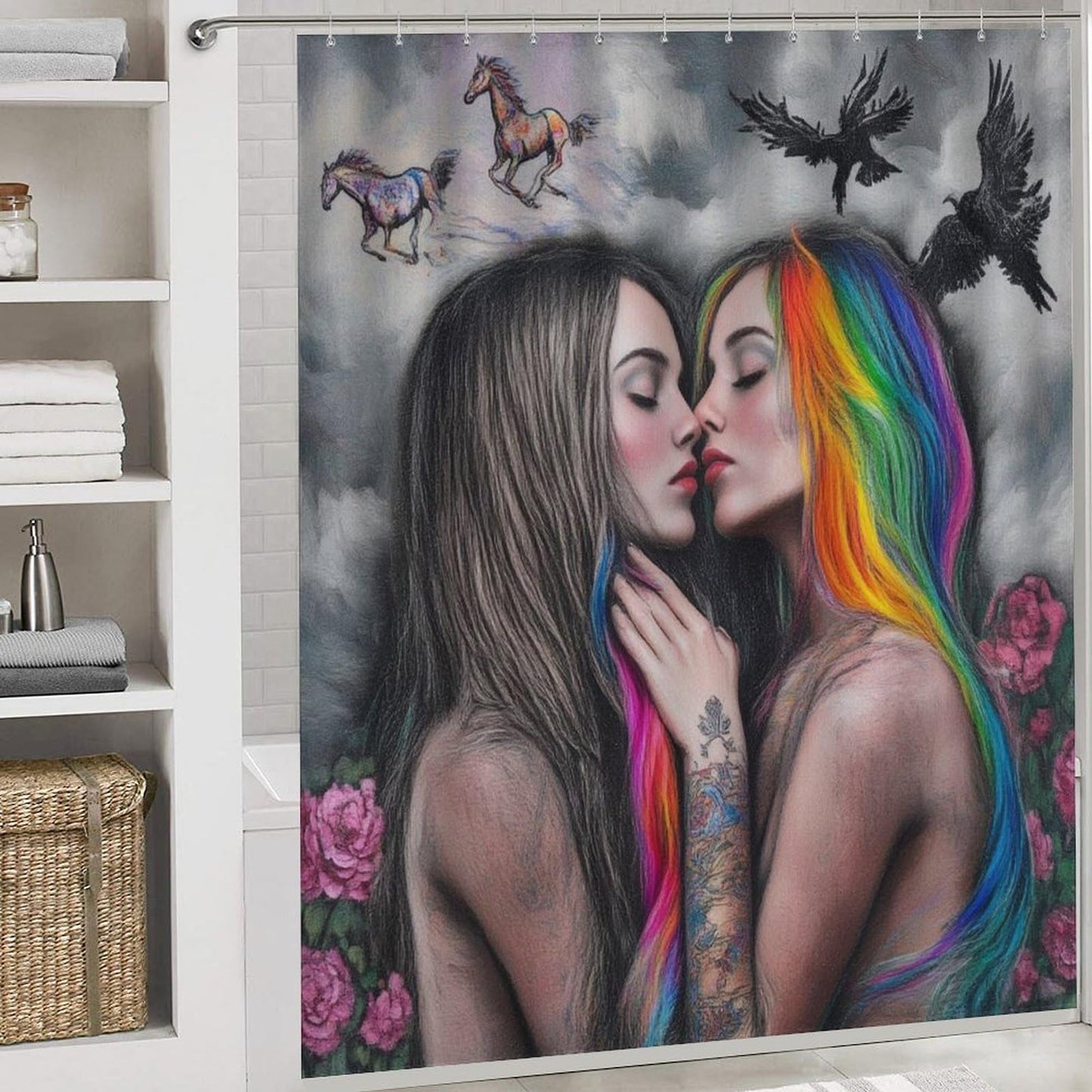 Supdreamc 4 Pc Goth Gothic Girl Lace Love LGBT Lesbian Pride Shower Curtains + Tub Shower Bath Rug Set, Water Repellent Shower Stall Curtain Absorbent Shaggy Rugs