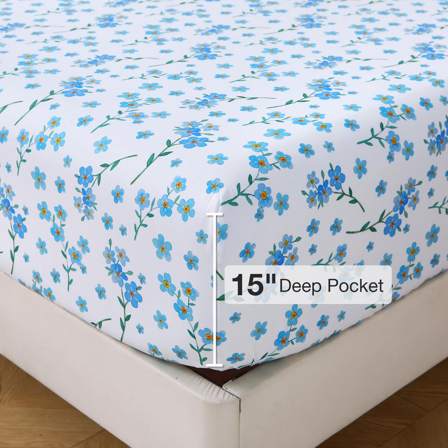 Viviland Floral Queen Sheet Set - 4 Piece Country Fresh Blue Flower Patterned Bed Sheets - Soft, Breathable Microfiber Sheets with Deep Pocket, Non-Slip Fitted Sheets & Pillowcases