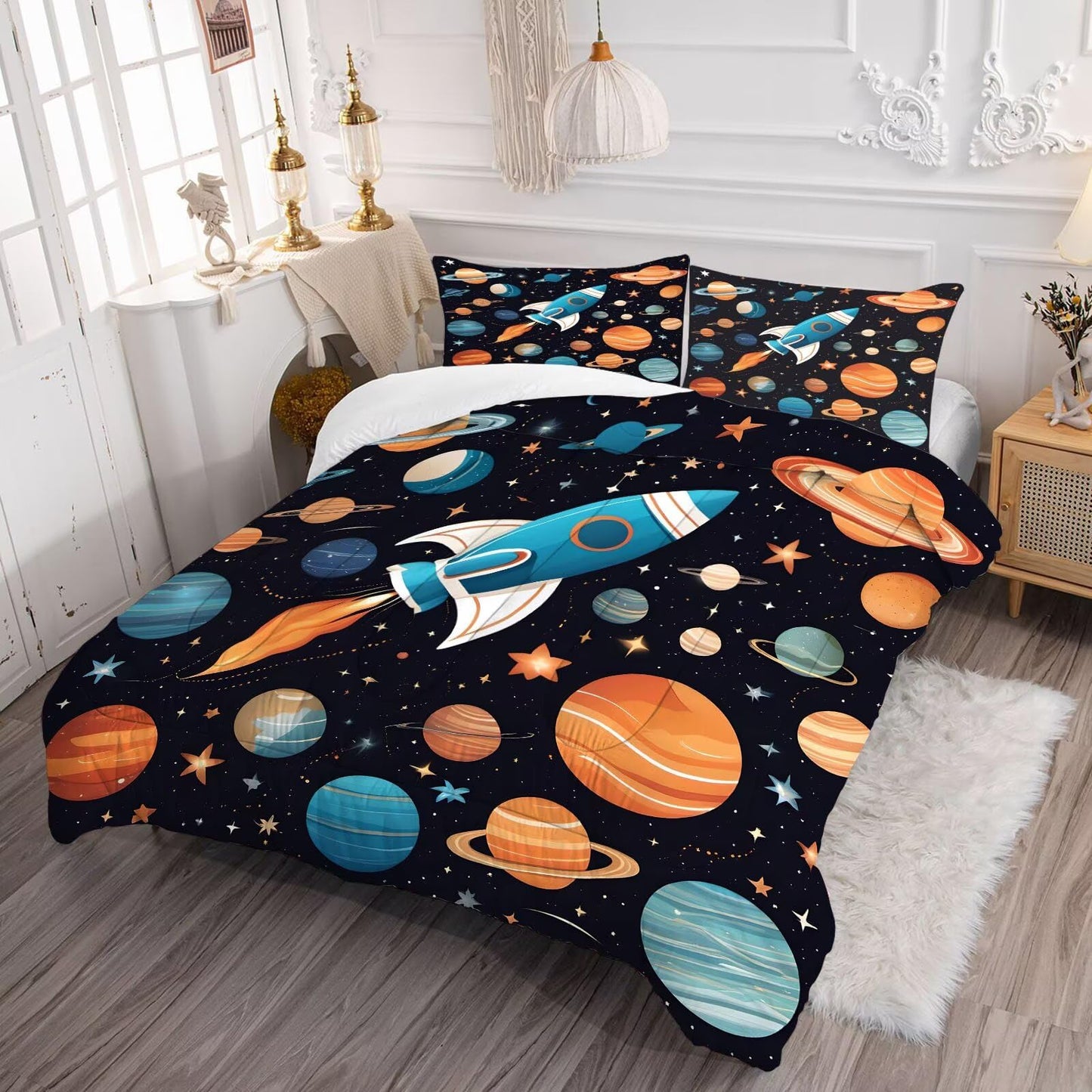 DJNEAR Space Rocket Comforter Set Full Size Galaxy Bedding Sets for Kids Boys Girls Teens Adults Bedroom Universe Stars Planets Quilt 1 Comforter 2 Pillowcases