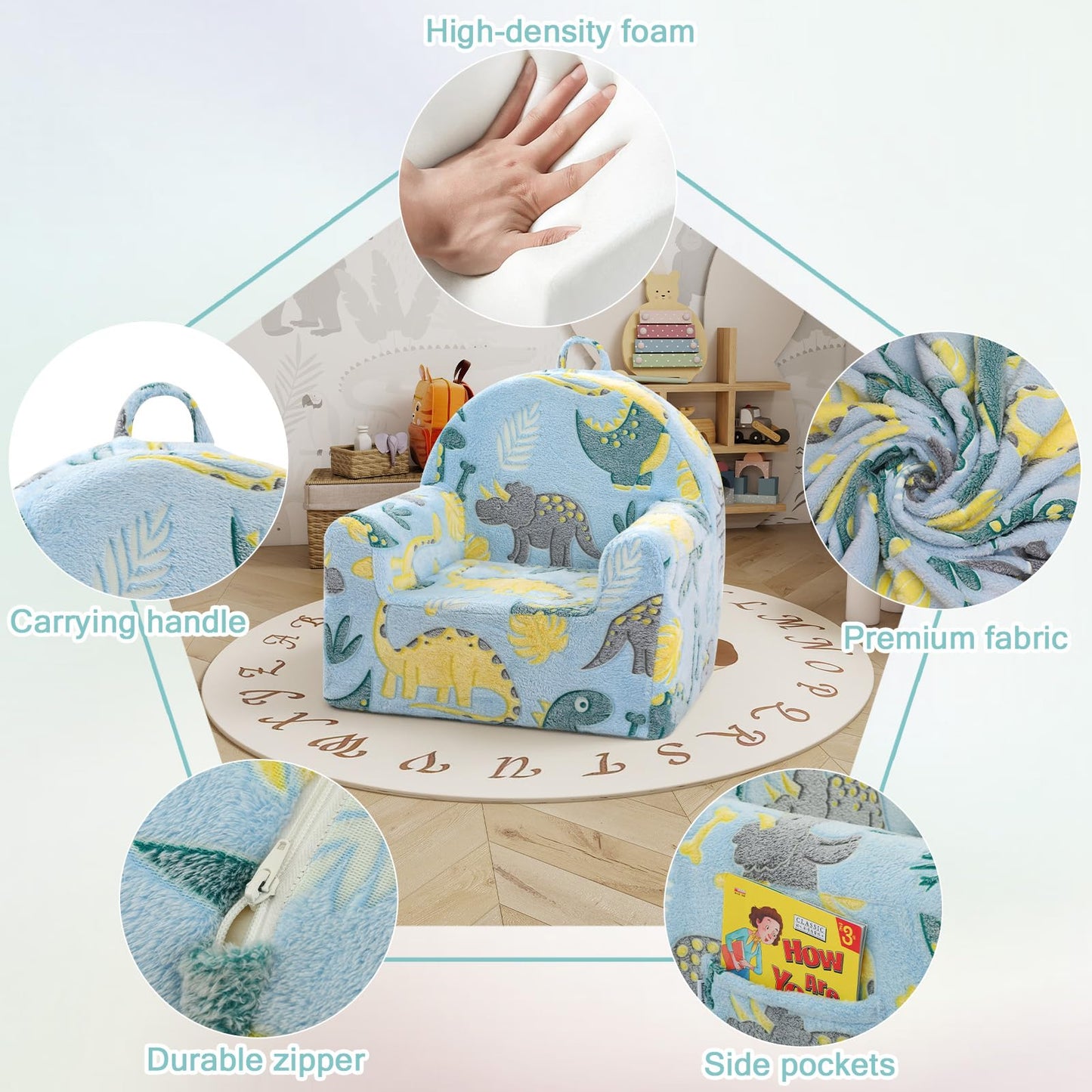 MeMoreCool Comfy Kids Chair for Ages 3+, Glow Dinosaur Kids Reading Chair, Soft Plush Kids Armchair, Cozy Foam Kids Armchair for Kids Room, Living Room, Playroom, Reading Nook