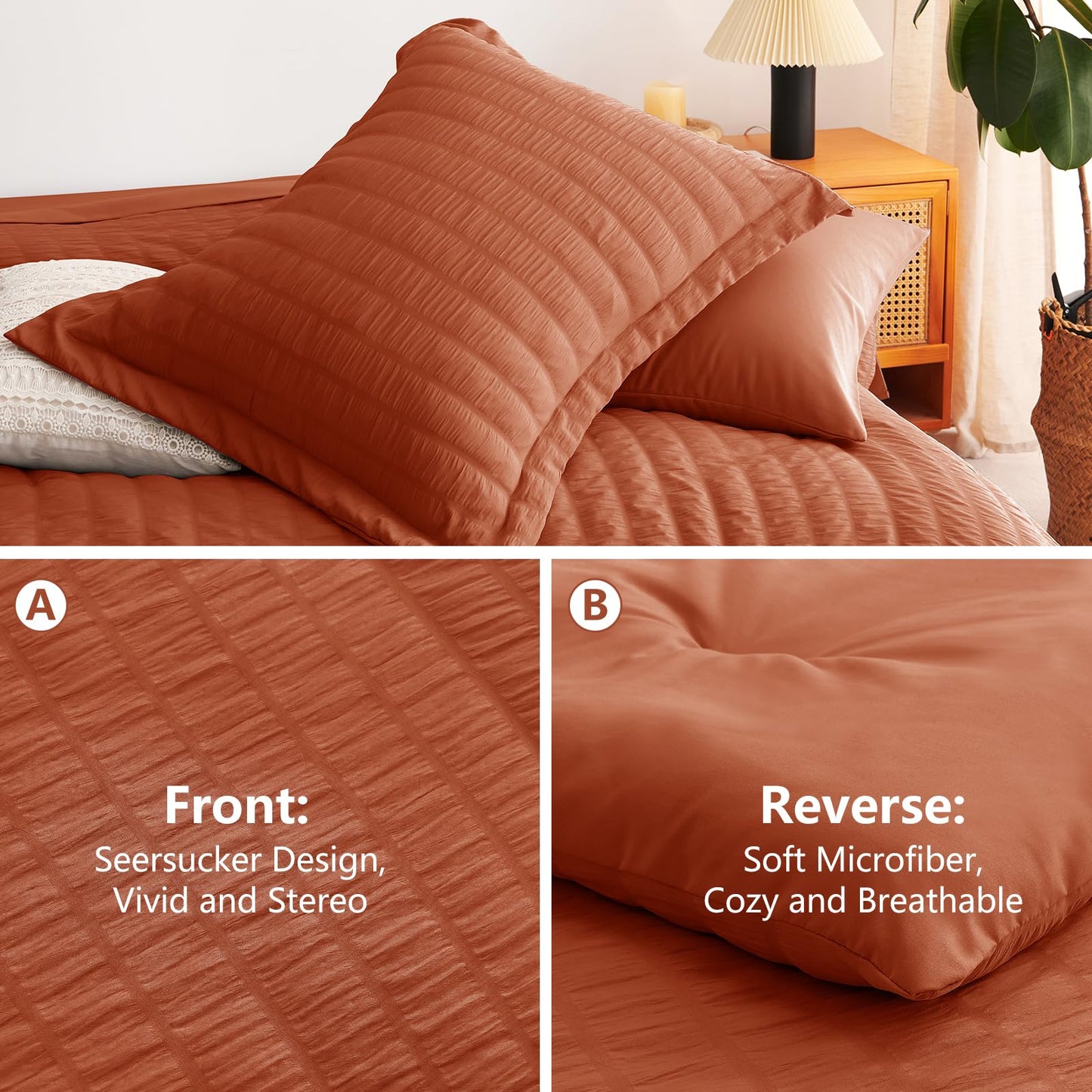 CozyLux Queen Comforter Set Burnt Orange, 7 Pieces Seersucker Textured Luxury Bed in a Bag, Terracotta All Seasons Bedding Sets with Down Alternative Comforter, Sheets, Pillowcases & Shams, Home Gift