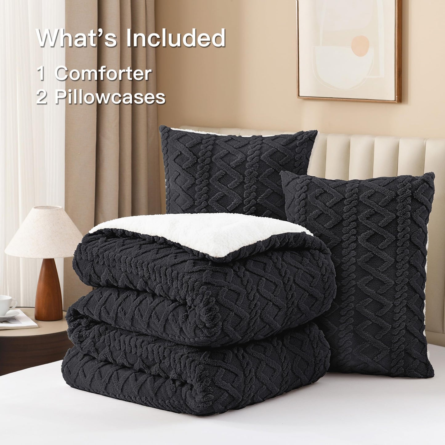 Andency Fluffy Comforter Set Queen Size, Black Sherpa Fleece Super Soft Warm Bedding for Winter, Luxury Boho Jacquard Thick Fuzzy Plush Bed Set 3 Pieces(1 Shaggy Comforter, 2 Pillowcases)