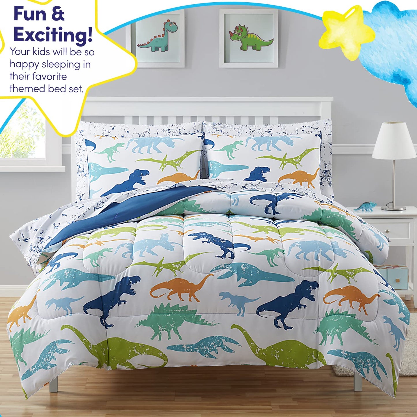 Kids Bedding Set Bed in a Bag for Boys and Girls Toddlers Printed Sheet Set and Comforter , Twin, Dinosaur