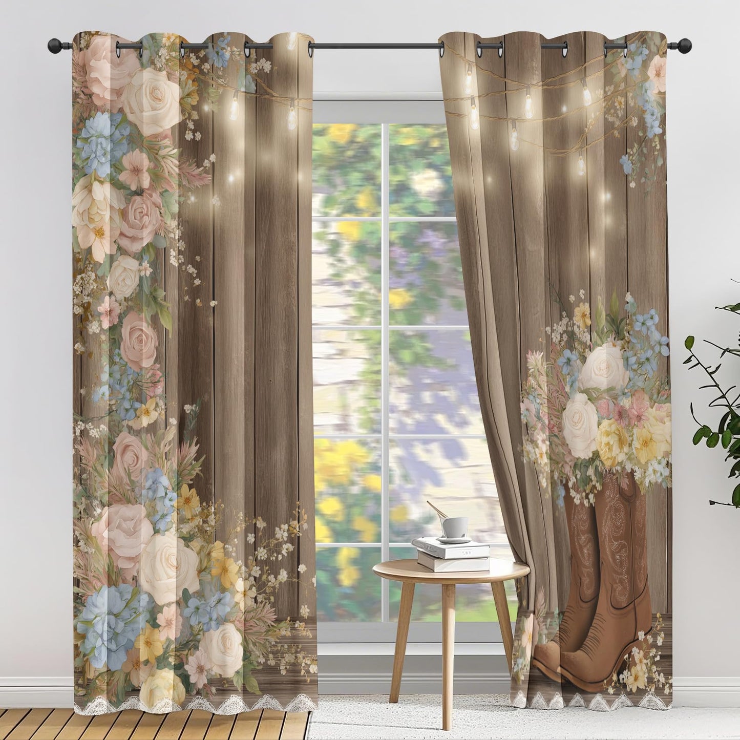 Rustic Western Curtains 63 Inch Length 2 Panels, Cowboy Boot Floral Blackout Curtains for Bedroom Living Room, Brown Wooden Door Drapes Grommet Thermal Insulated 52Wx63L Inch Window Decor UG&228