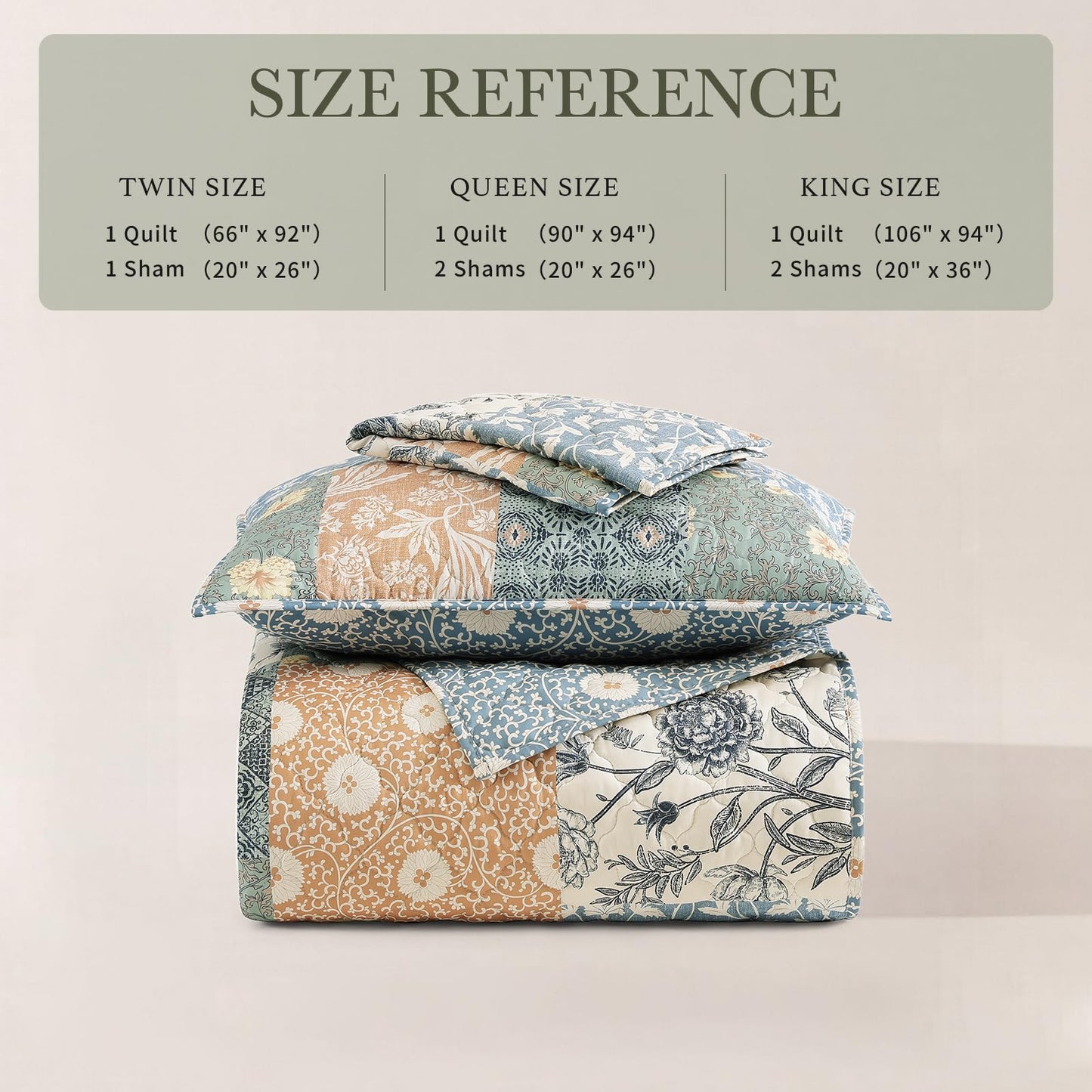 CASAAGUSTO Queen Quilt Set - 3 Pieces Patchwork Green Quilt Bedding Set, Lightweight Queen Bedspread Coverlet, Reversible Floral Bed Cover for All Seasons (90"x94", 1 Quilt + 2 Pillow Shams)
