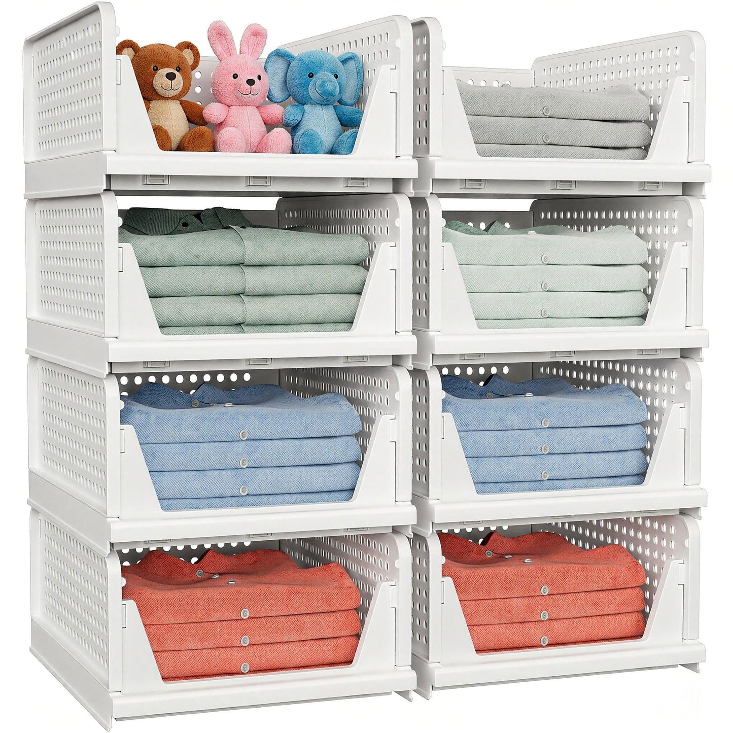 caktraie 4 Pack Stackable Closet Storage Basket - Stackable Storage Bins, Multifunctional & Foldable Closet Organizer Divided, Wardrobe Cupboard Space-Saving Clothes Storage Hat Organizer, White