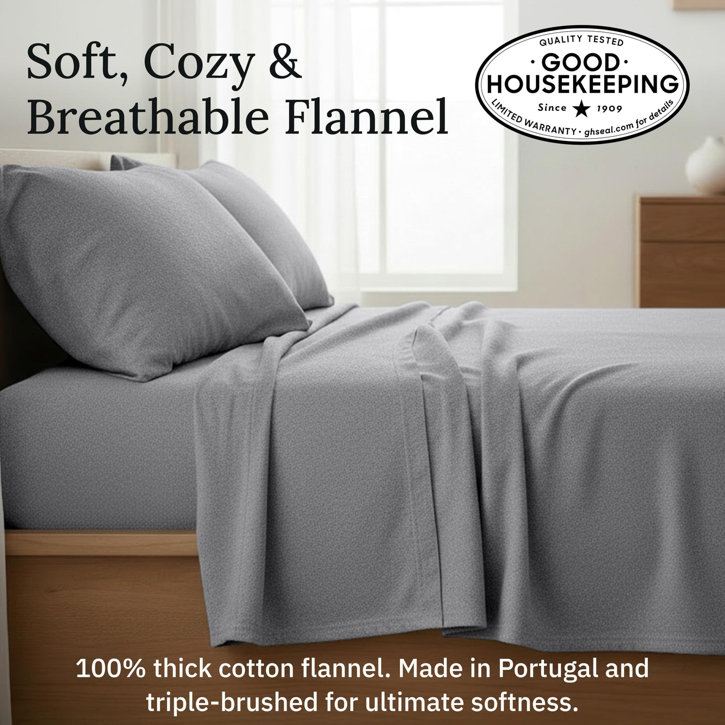 California Design Den Flannel Extra Deep Pocket Flannel Sheets King Size Set - Made in Portugal 100% Cotton, Triple-Brushed, Thick, Velvet Soft 4-Piece King Bed Sheet Set - Silver Grey