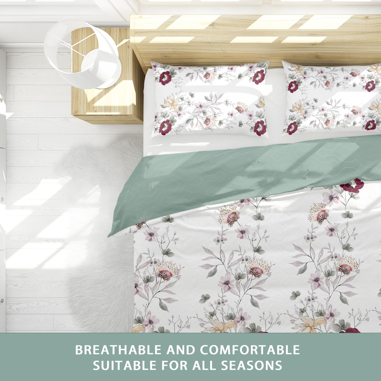 Deepsleep King Bedspread Set 9 Pieces, All Season Luxury Bed in a Bag for Bedroom, with 2 Pillowcases and 6 Curtains, Ultra-Soft Microfiber for Complete Bedroom Decor, Green Flowers