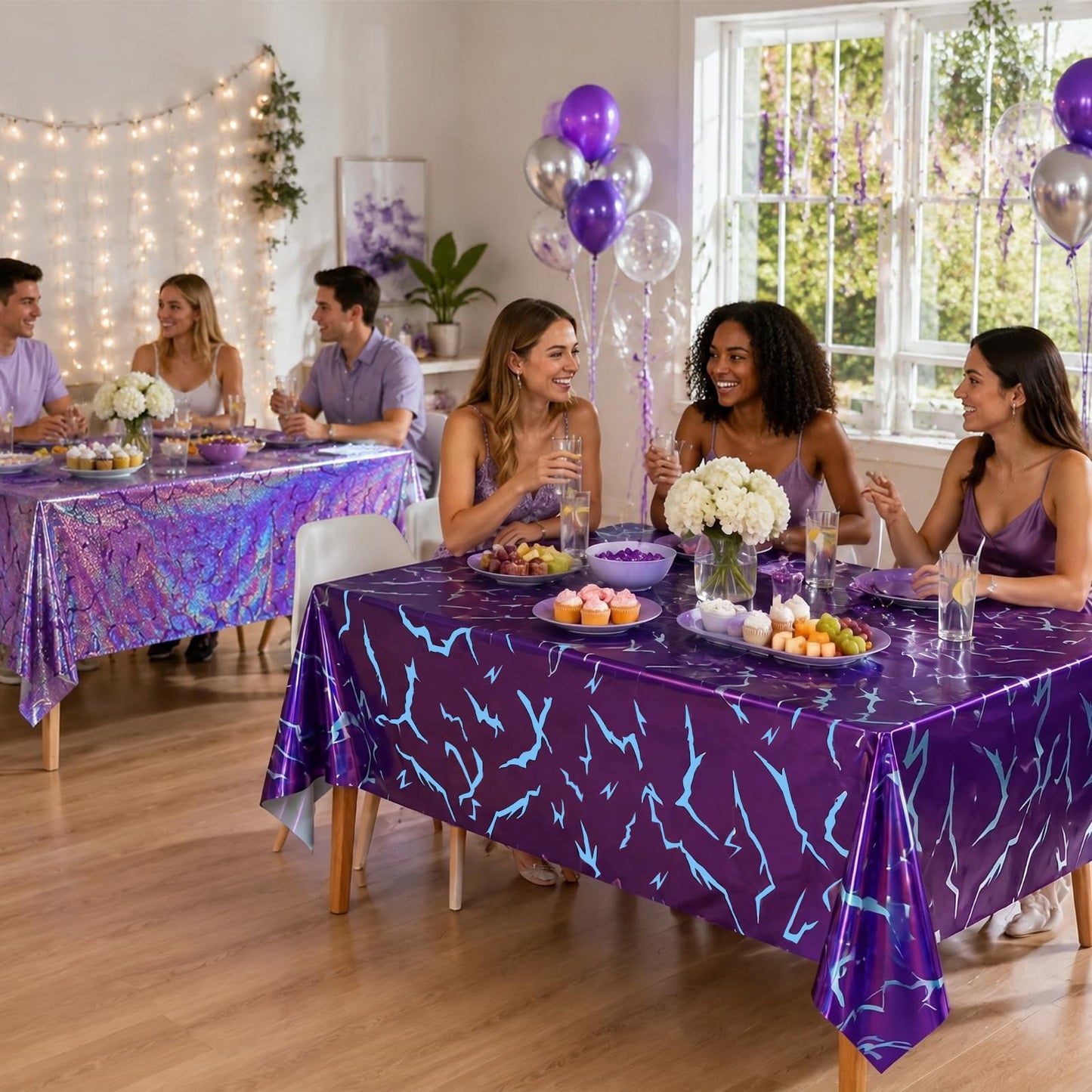 2 Pack K-Style Purple Birthday Decorations, 54x108 Inch Iridescent Holographic Laser Tablecloth Purple Lightning Pattern Disposable Waterproof Plastic Table Covers for Kids Girl Disco Halloween Party