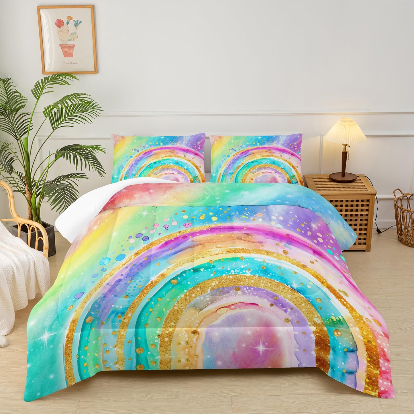 lneffble Cute Rainbow Twin Comforter Set for Girls，Pastel Tie Dye Rainbow Twin Bedding Set Kids，Galaxy Kids Bed Comforter Sets
