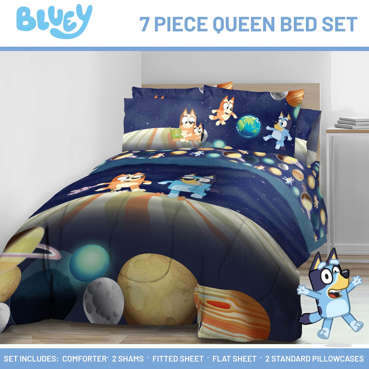 Jay Franco Kids Comforter Set Includes Sheets and Pillow Covers - Soft and Cozy Bed Set for Stylish Room Decor, Blue - Bluey & Bingo, 7 Piece Queen