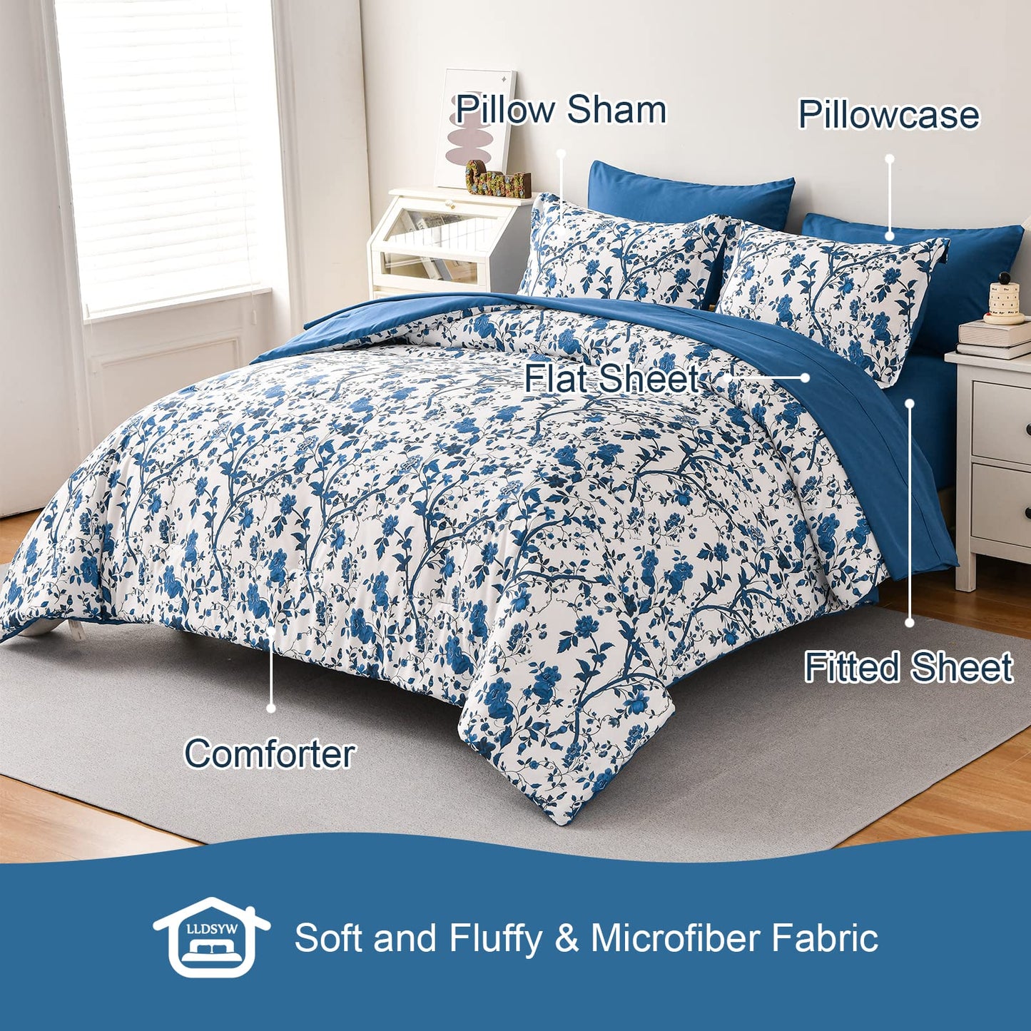LLDSYW Comforter Set for Queen Bed -7 Pieces Bed in a Bag Soft Microfiber Bed Set Blue Leaves Floral Pattern on White Spring Queen Comforter Sets with Sheets for All Seasons (Queen, Blue)