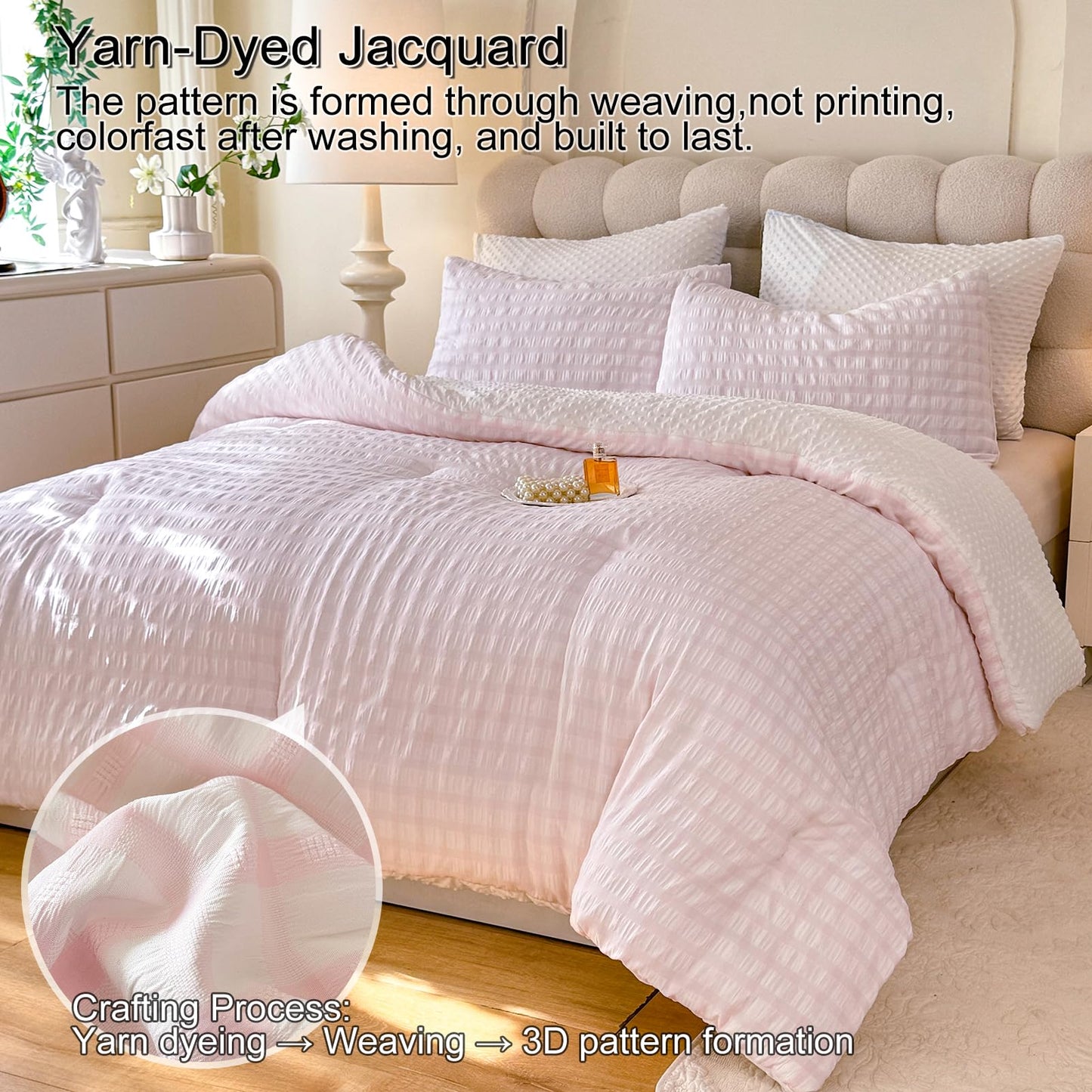 tohrisa Boho Comforter Set Twin Size - 2 Pieces Lightweight Jacquard Seersucker Bedding Sets (1 Soft Fluffy Grid Comforter & 1 Pillowcase) - All Seasons Cozy Modern Bed Set(68"x90" Blush Pink)