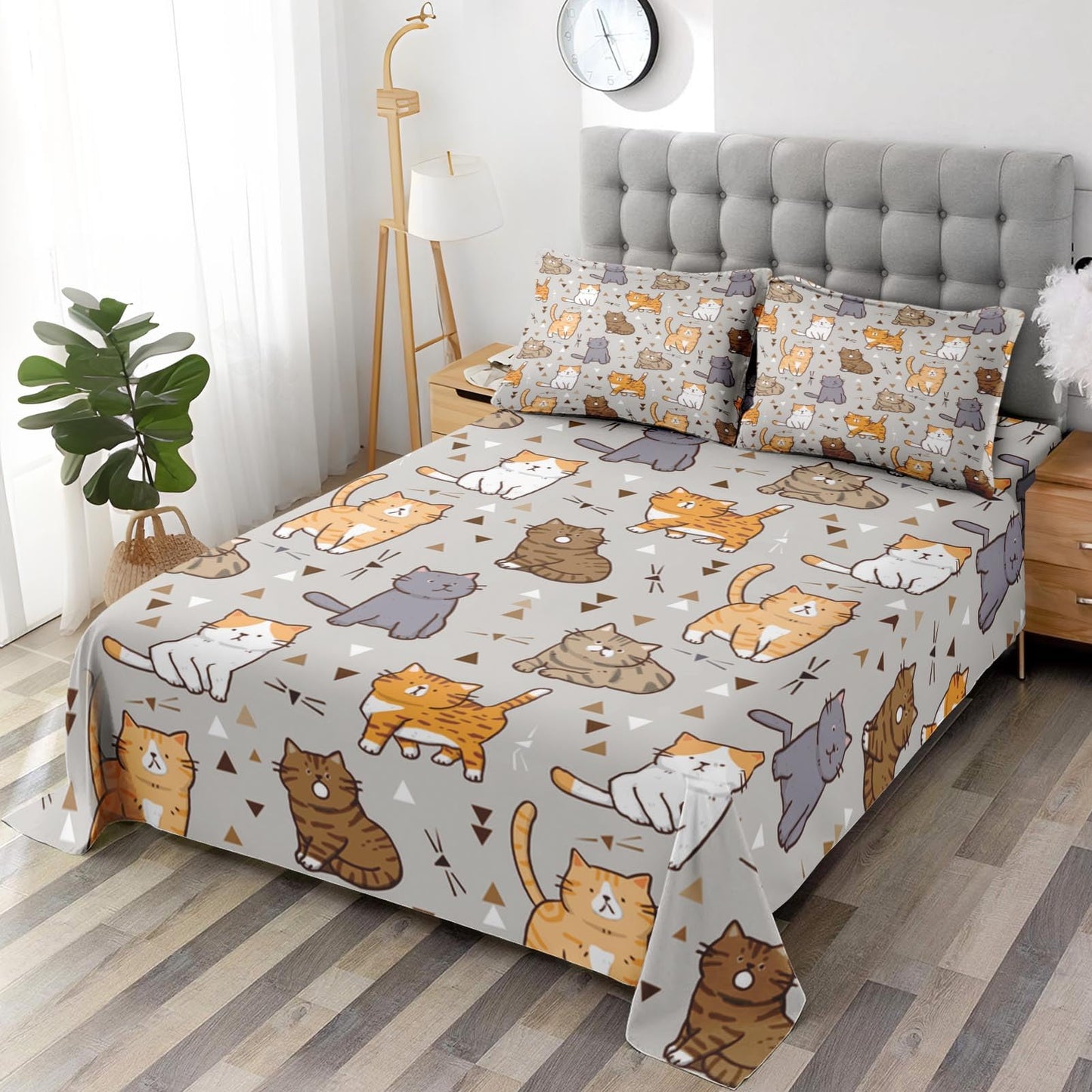 Pamnest Queen Size Bed Sheet Sets, Cute Cat Grey Soft Microfiber 4 Pcs Bedding Sets for Kids and Adults Bedroom Bed Decor, Cartoon Baby Animal Flat, Fitted Sheet and 2 Pillowcases