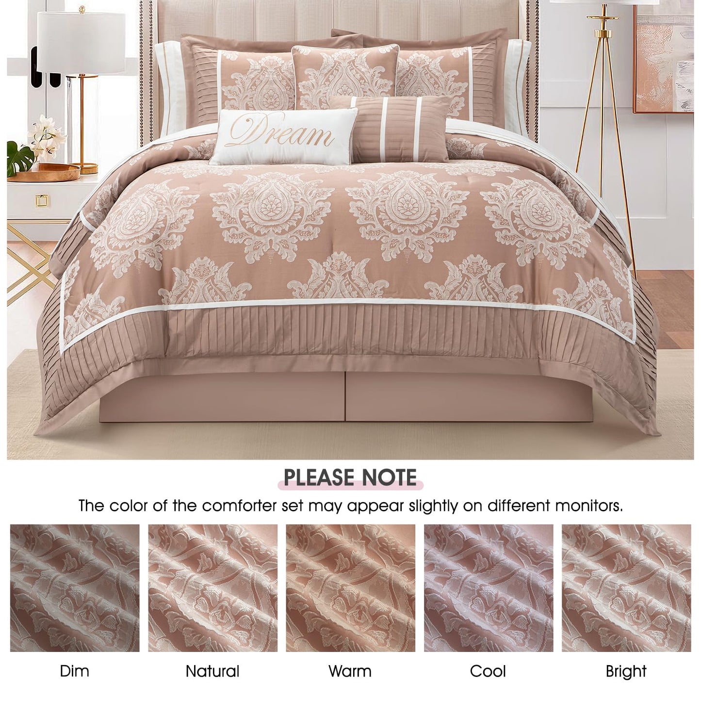 LANCO MODERN LIFESTYLE Blush King Size Comforter Set, 15 Pieces, Damask Jacquard Woven, Bedding Set with Sheets, Room in a Bag, Comforter, Bed Skirt, Pillow Shams and Decor Pillows, Curtains
