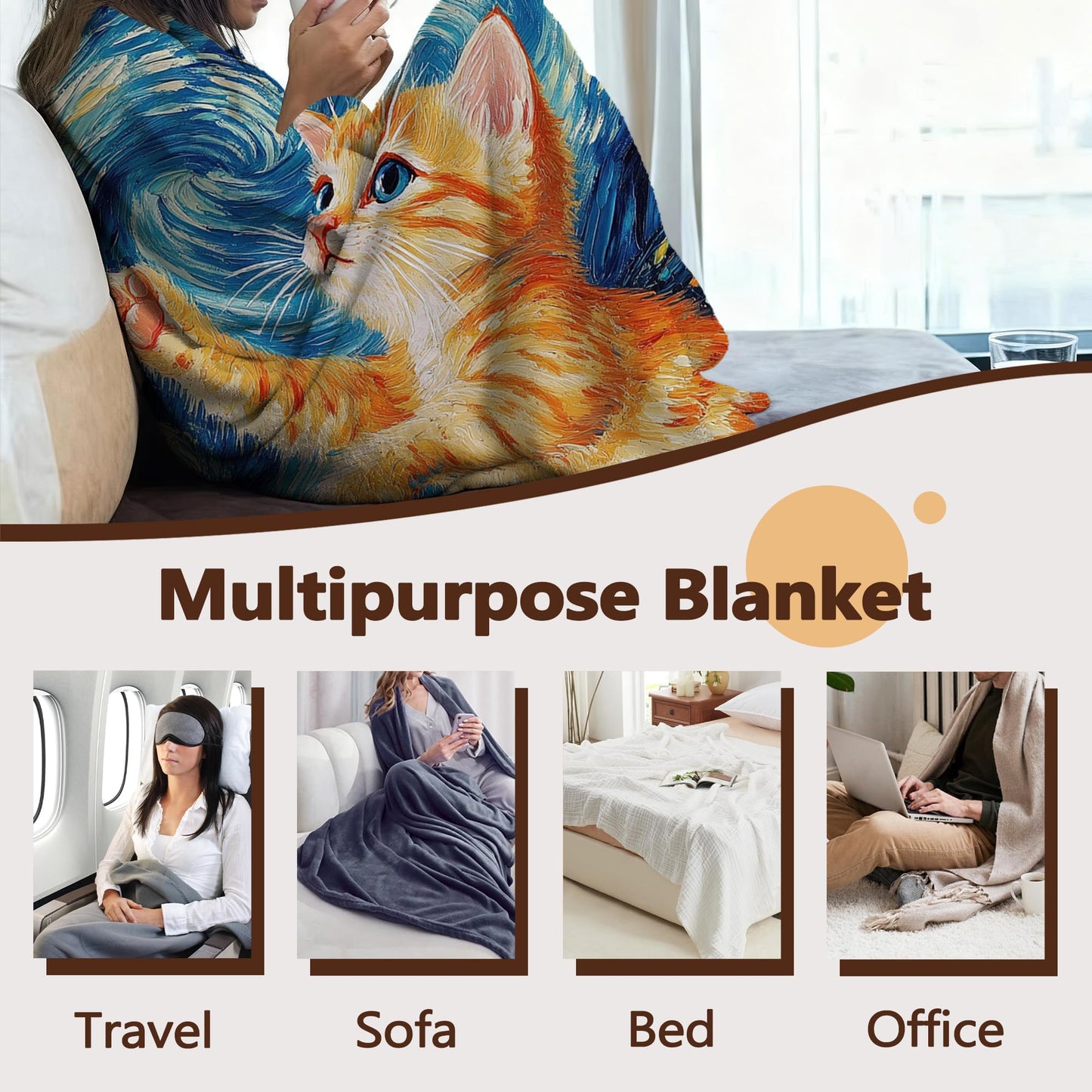 Throw Blanket for Couch,Cute Cat Plush Fall Throw,Blue Starry Sky Soft Fluffy Blanket for Sofa Decoration,Flannel Fleece Blanket for Naps,Reading,Traveling,Camping,50 X 60 Inch