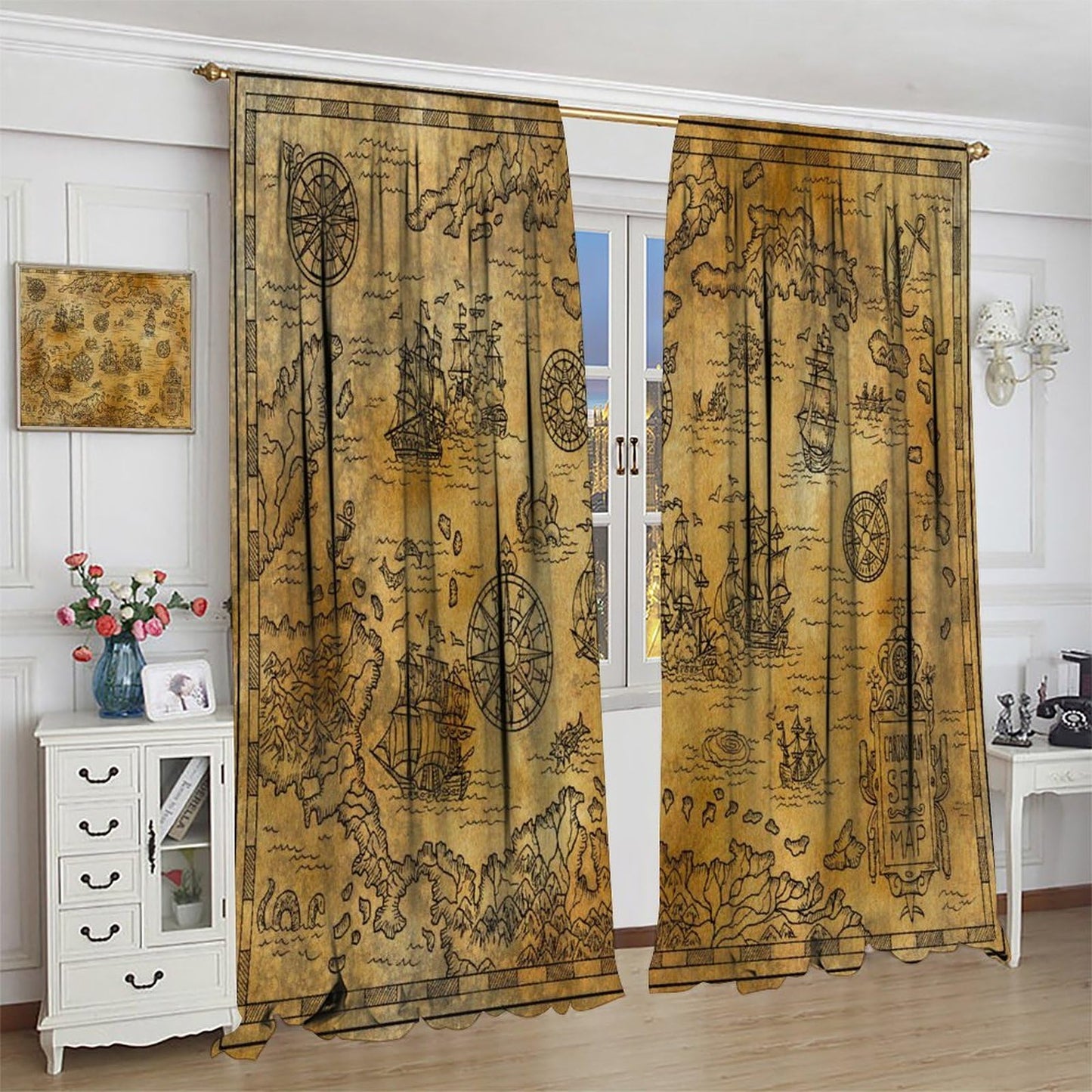 XBDDZSW Nautical Sailboat Map Curtains Sketch Pirate Ship Wheel Compass Starfish Coral Reef Nautical Map Pattern Print Window Drapes for Bedroom Living Room Kitchen Decor,2 Panel Set,42x45 Inch Decor